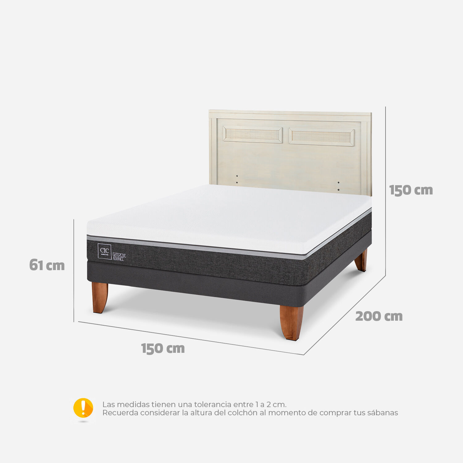Cama Europea 2 Plazas Ortopedic Advance Base Normal + Respaldo Milán Alpino