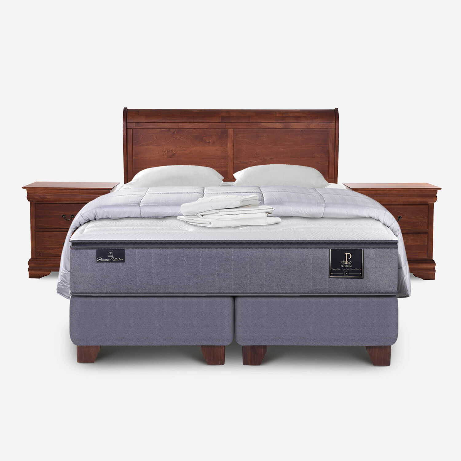 Box Spring 2 Plazas Premium Base Dividida + Almohadas + Plum&oacute;n + Set Mir&oacute; Caramel