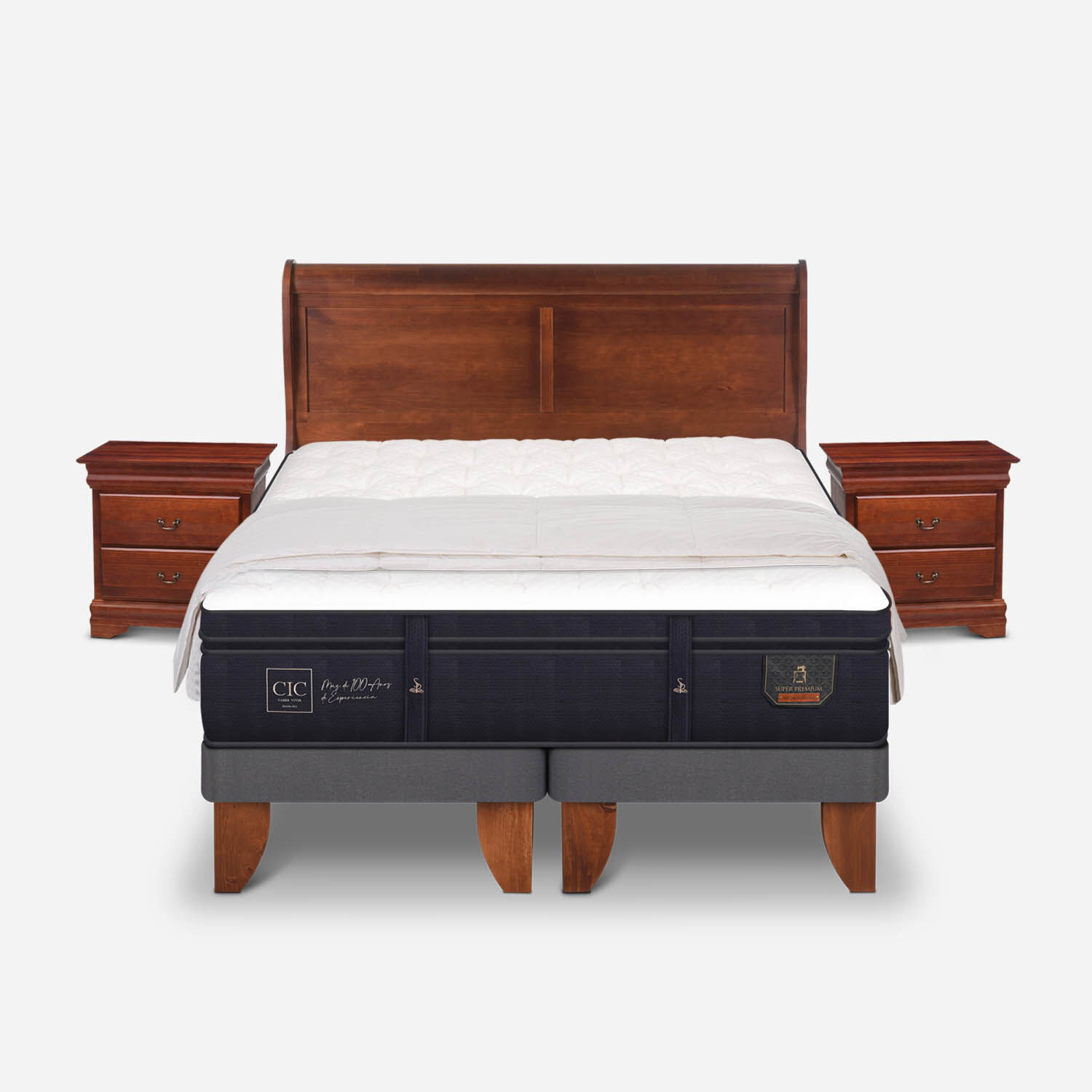 Cama Europea King Super Premium + Set Mir&oacute; Caramel + Almohadas 15% de Pluma de Ganso
