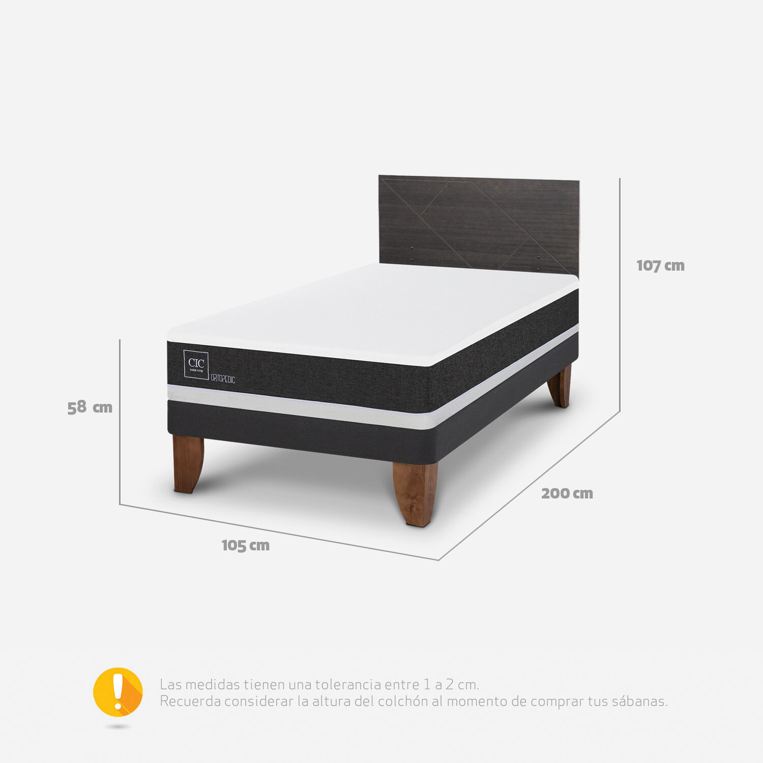 Cama Europea 1,5 Plazas Ortopedic + Respaldo Villarrica Gris