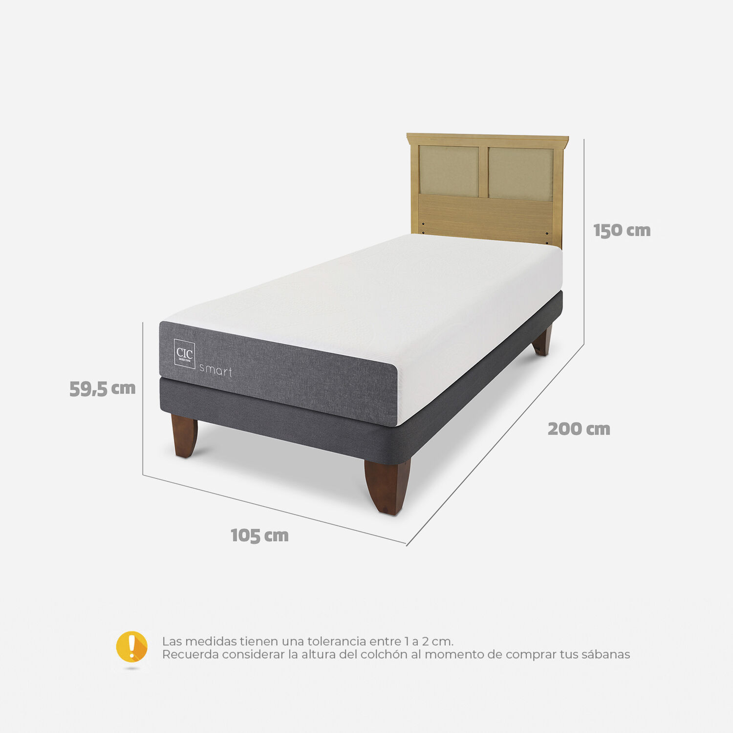Cama Europea 1,5 Plazas Smart + Respaldo Torino Mostaza