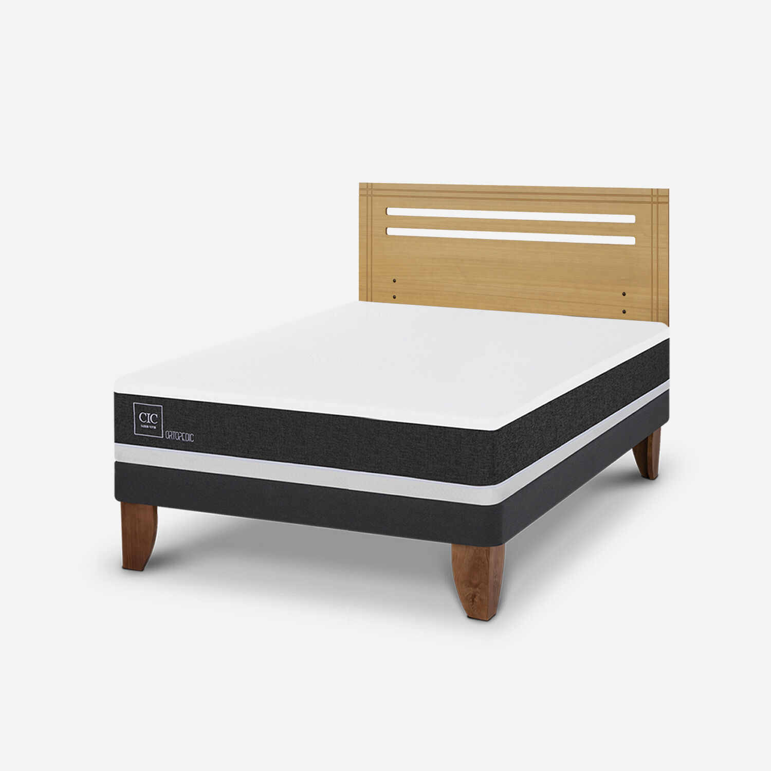 Cama Europea 2 Plazas Ortopedic Base Normal + Respaldo Múnich Mostaza