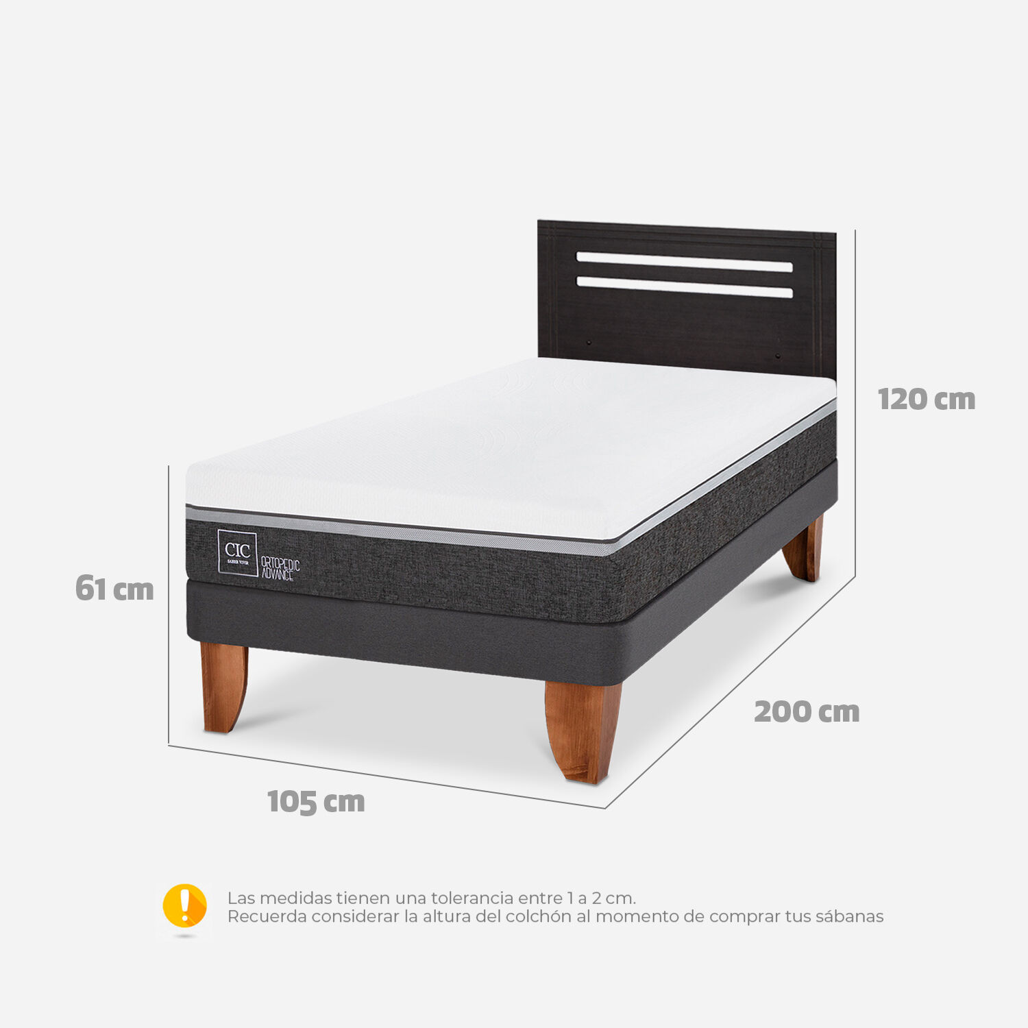 Cama Europea 1,5 Plazas Ortopedic Advance + Respaldo Múnich Negro