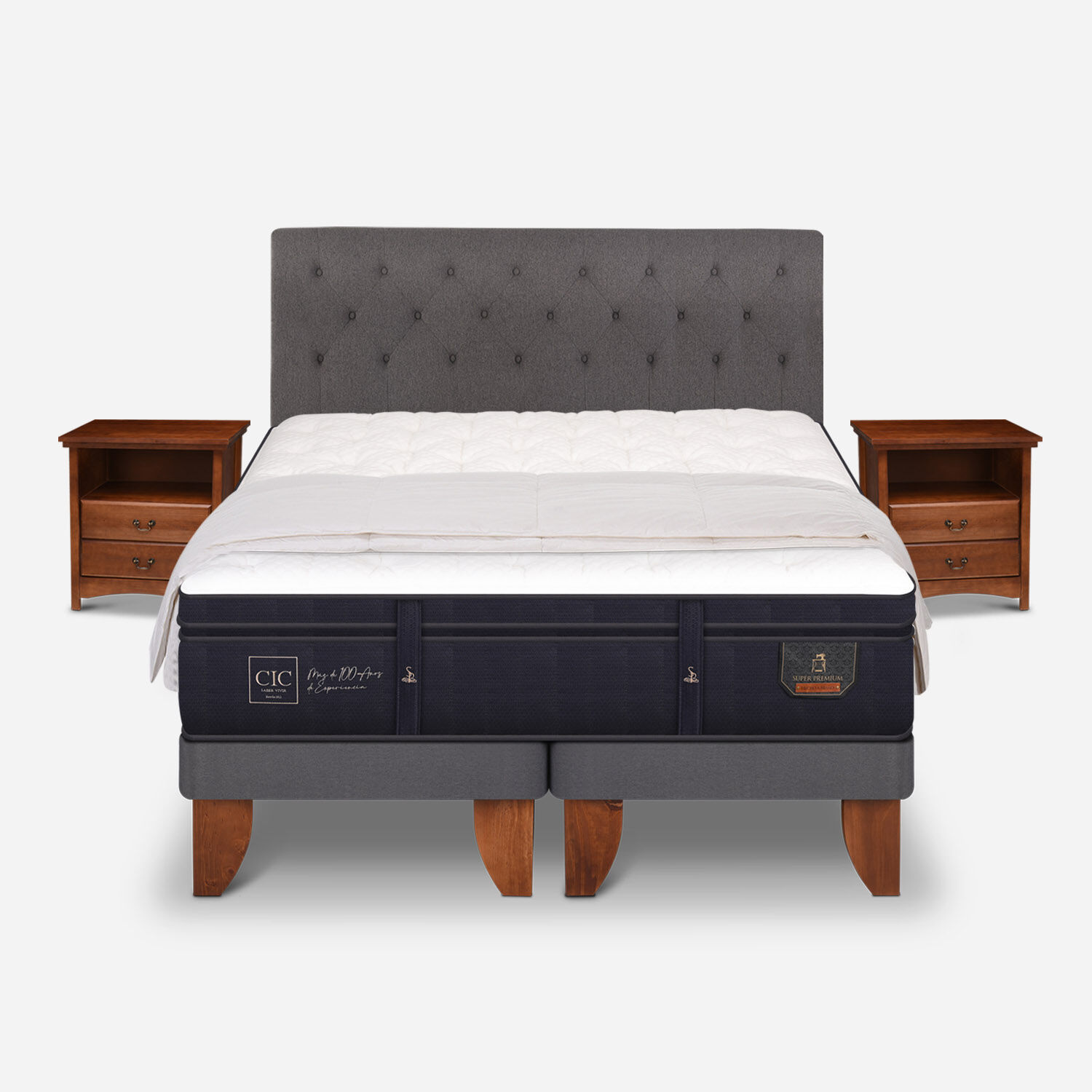Cama Europea King Super Premium + Set Kaveri + Plum&oacute;n 15% Pluma de Ganso