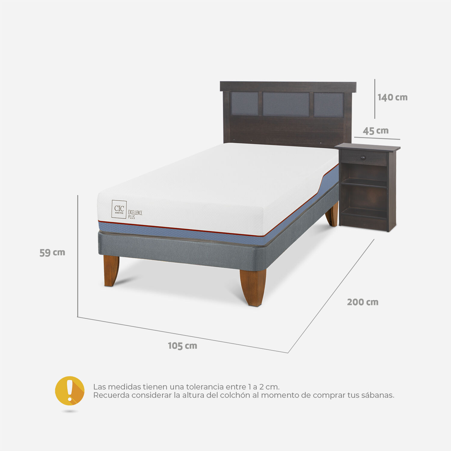Cama Europea 1,5 Plazas Excellence Plus Set Dublín Gris