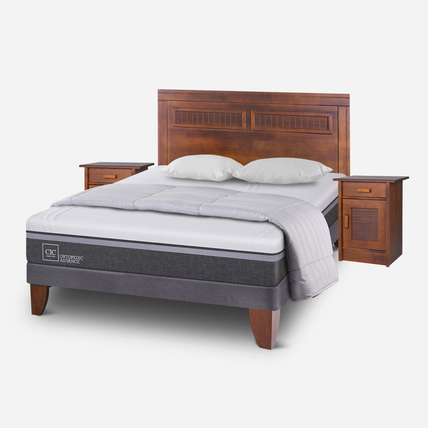 Cama Europea 2 Plazas Ortopedic Advance Base Normal + Set Milán Caramel + Plumón Plumas