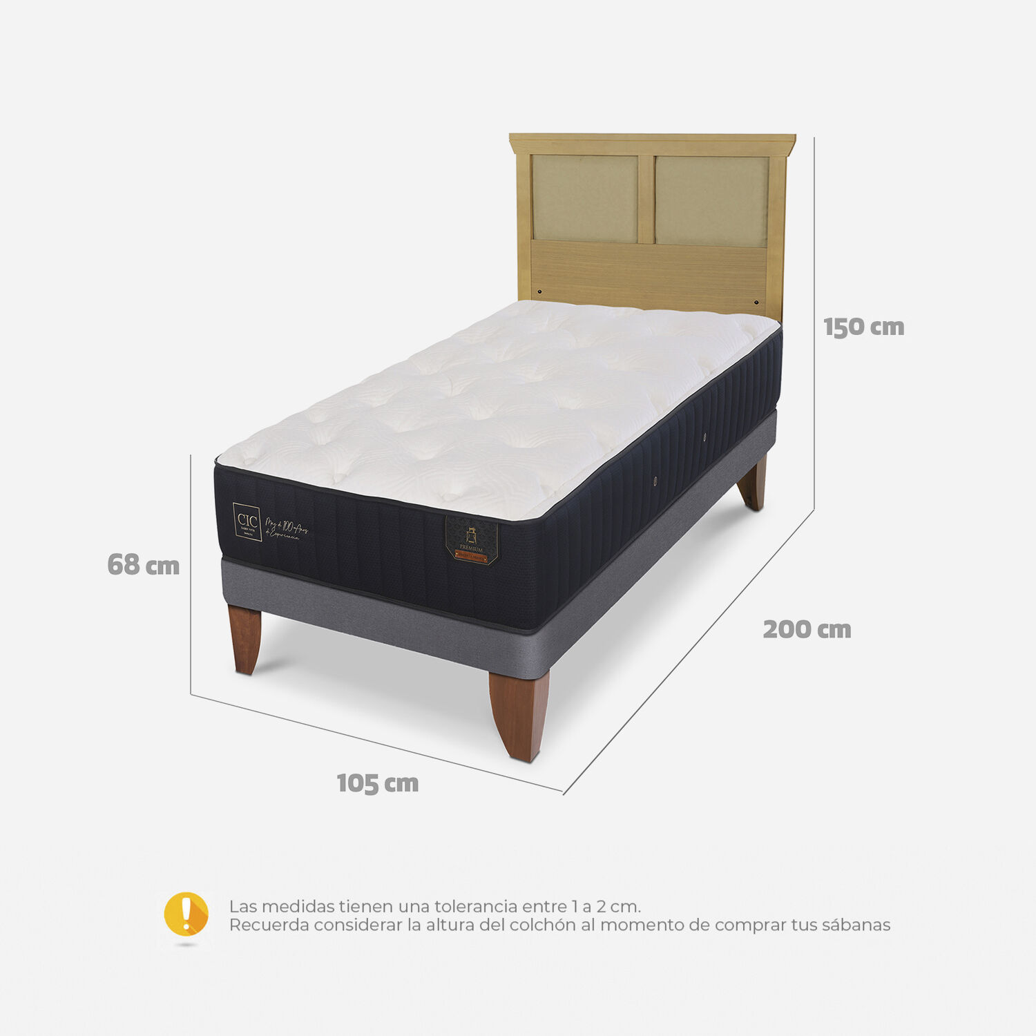 Cama Europea 1,5 Plazas Premium + Respaldo Torino Mostaza