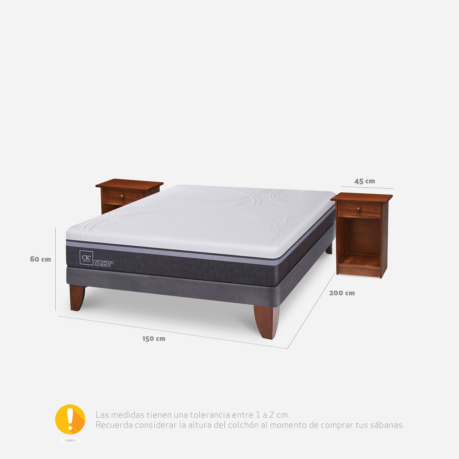 Cama Europea 2 Plazas Ortopedic Advance Base Normal + Veladores Villarrica