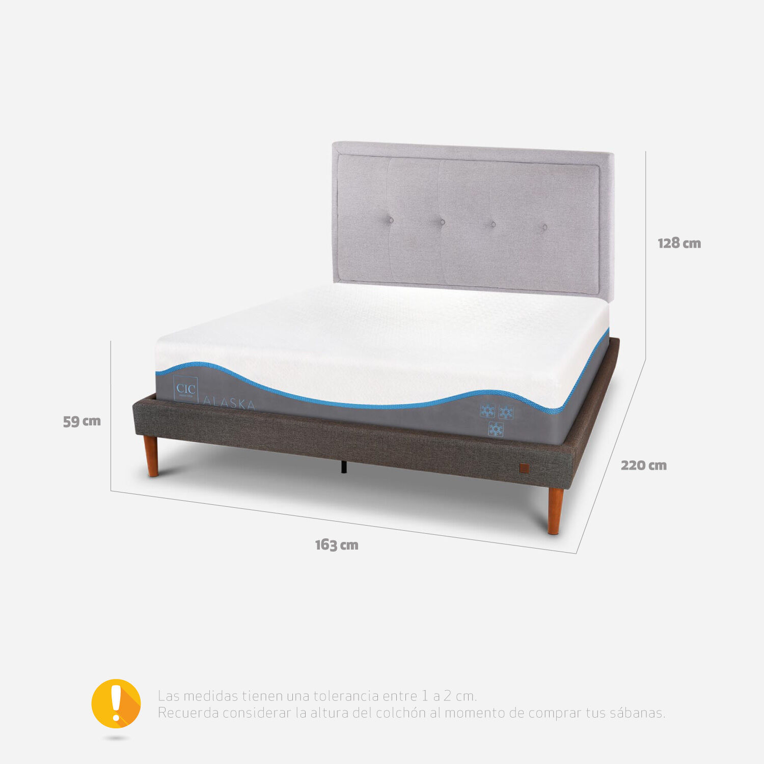 Cama Europea Curve 2 Plazas Alaska + Respaldo Ganges