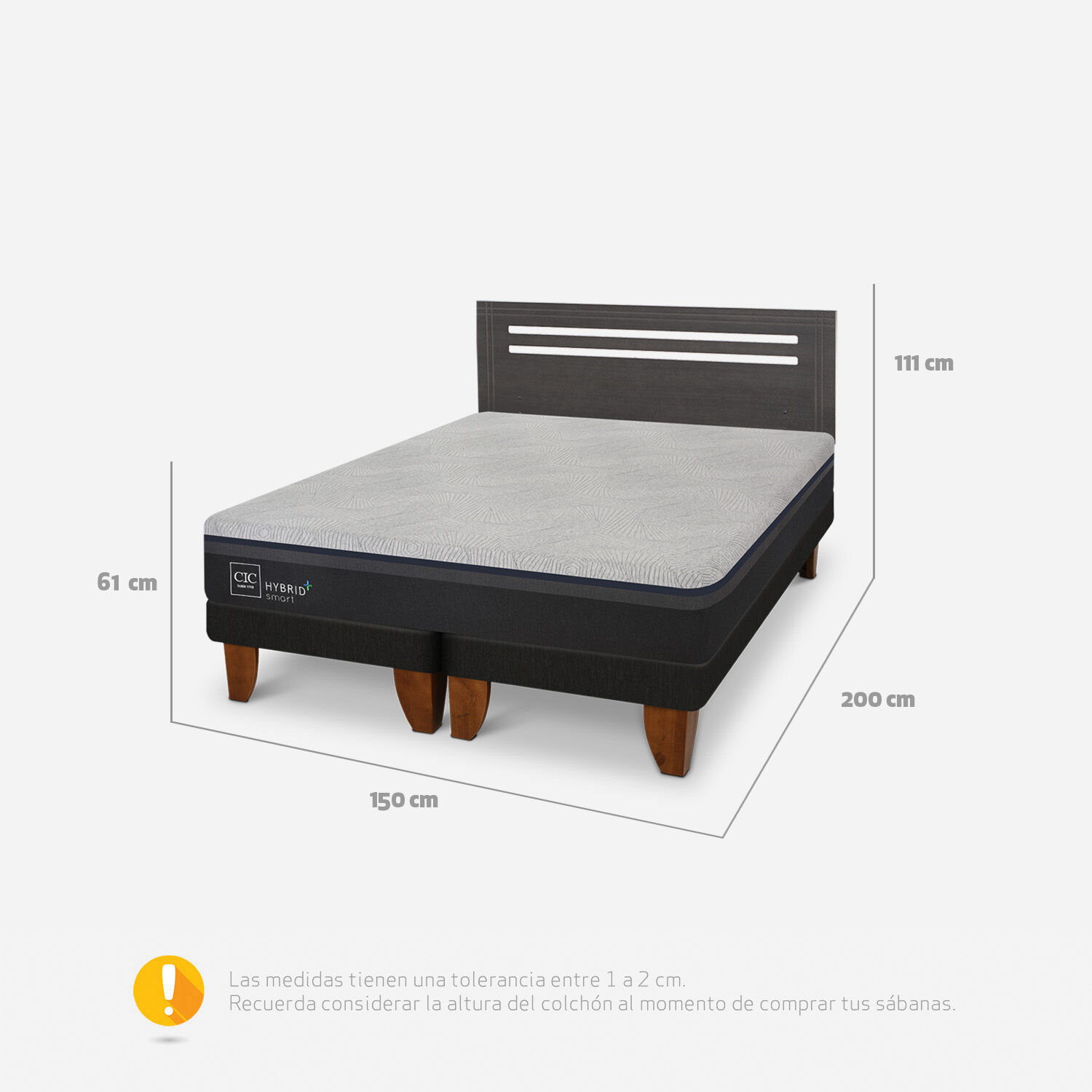 Cama Europea 2 Plazas Hybrid Plus Smart Base Dividida + Respaldo Munich Gris