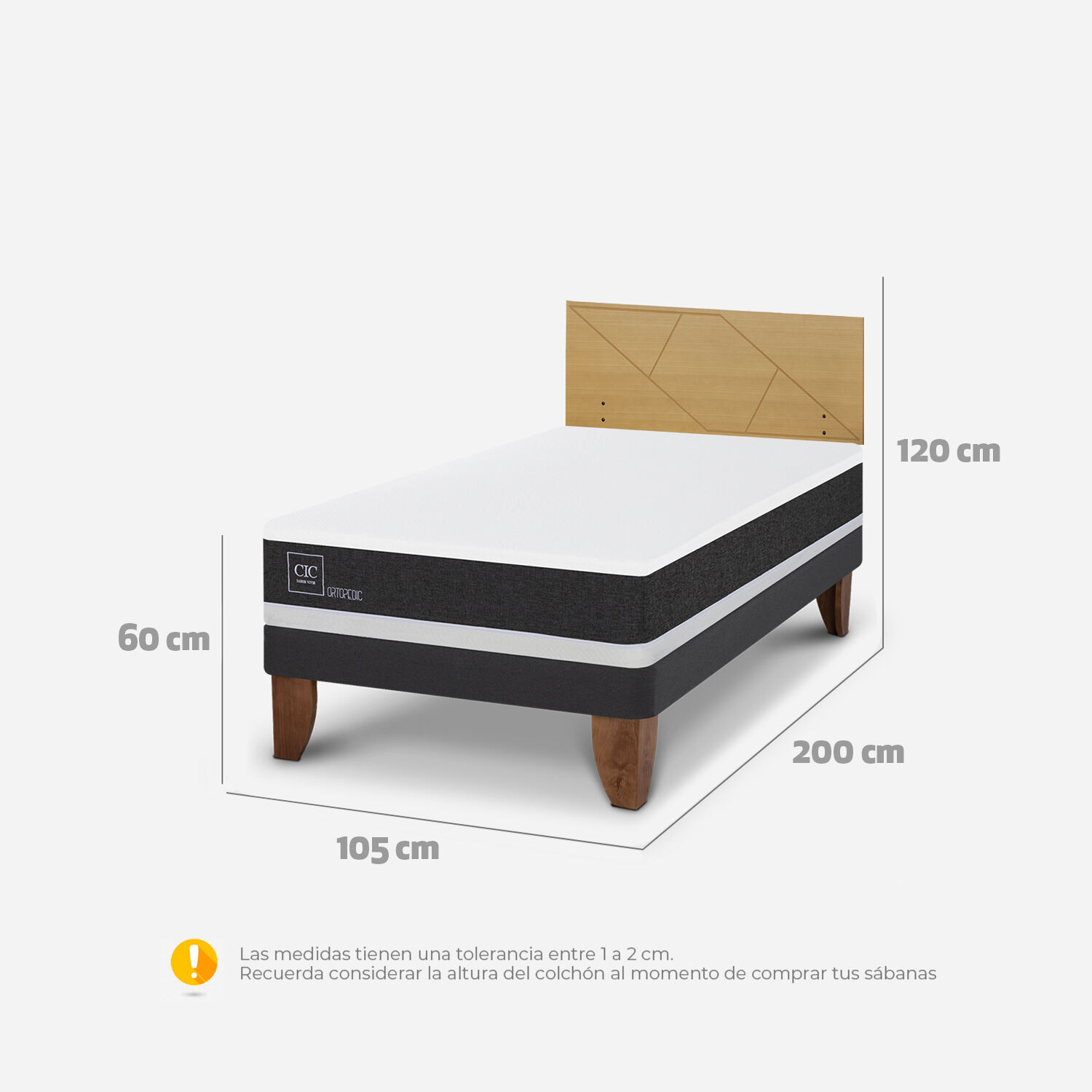 Cama Europea 1,5 Plazas Ortopedic + Respaldo Villarrica Mostaza