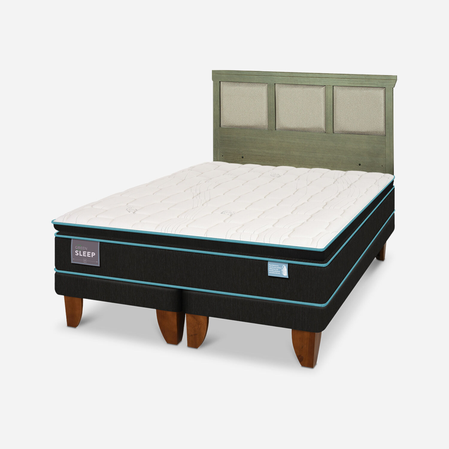 Cama Europea King Green Sleep + Respaldo Torino Olivo