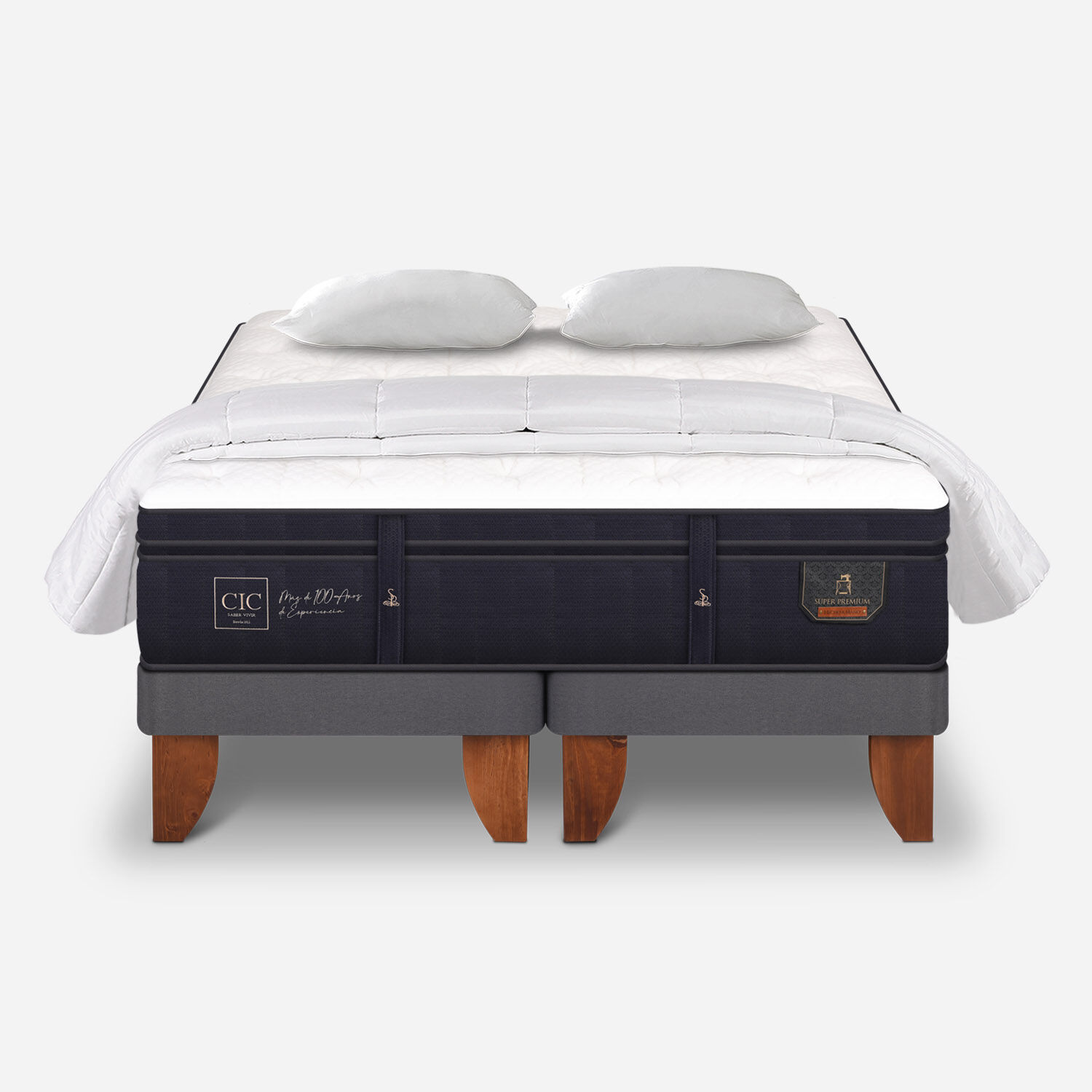 Cama Europea 2 Plazas Super Premium Base Dividida + Almohadas Viscoel&aacute;sticas + Plum&oacute;n