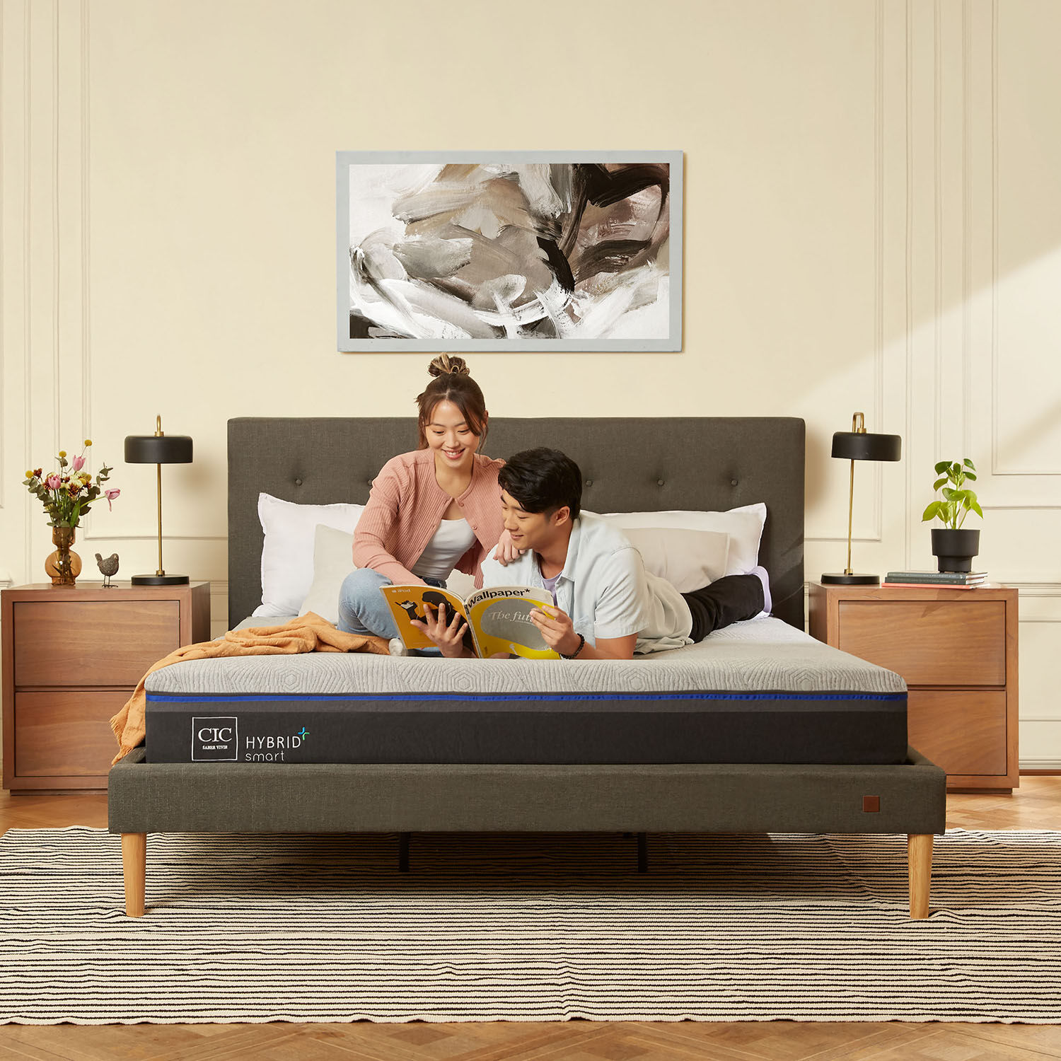 Cama Europea 2 Plazas Hybrid Plus Smart Base Dividida + Respaldo Munich Gris