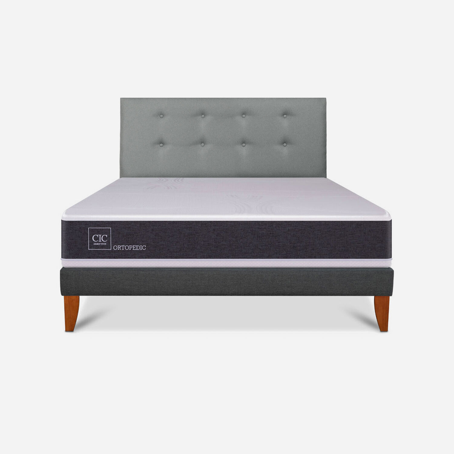 Cama Europea Box New Ortopedic 2 Plazas + Respaldo Tapiz Gris