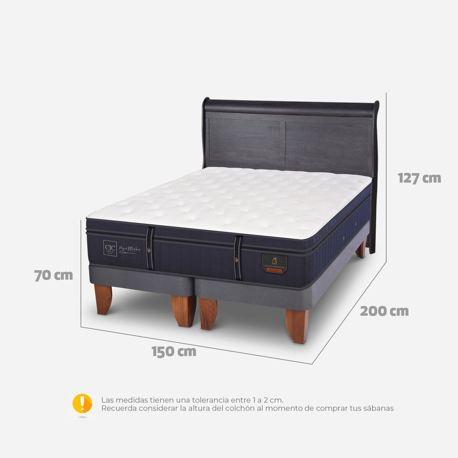 Cama Europea 2 Plazas Grand Premium Base Dividida + Respaldo Miró Negro