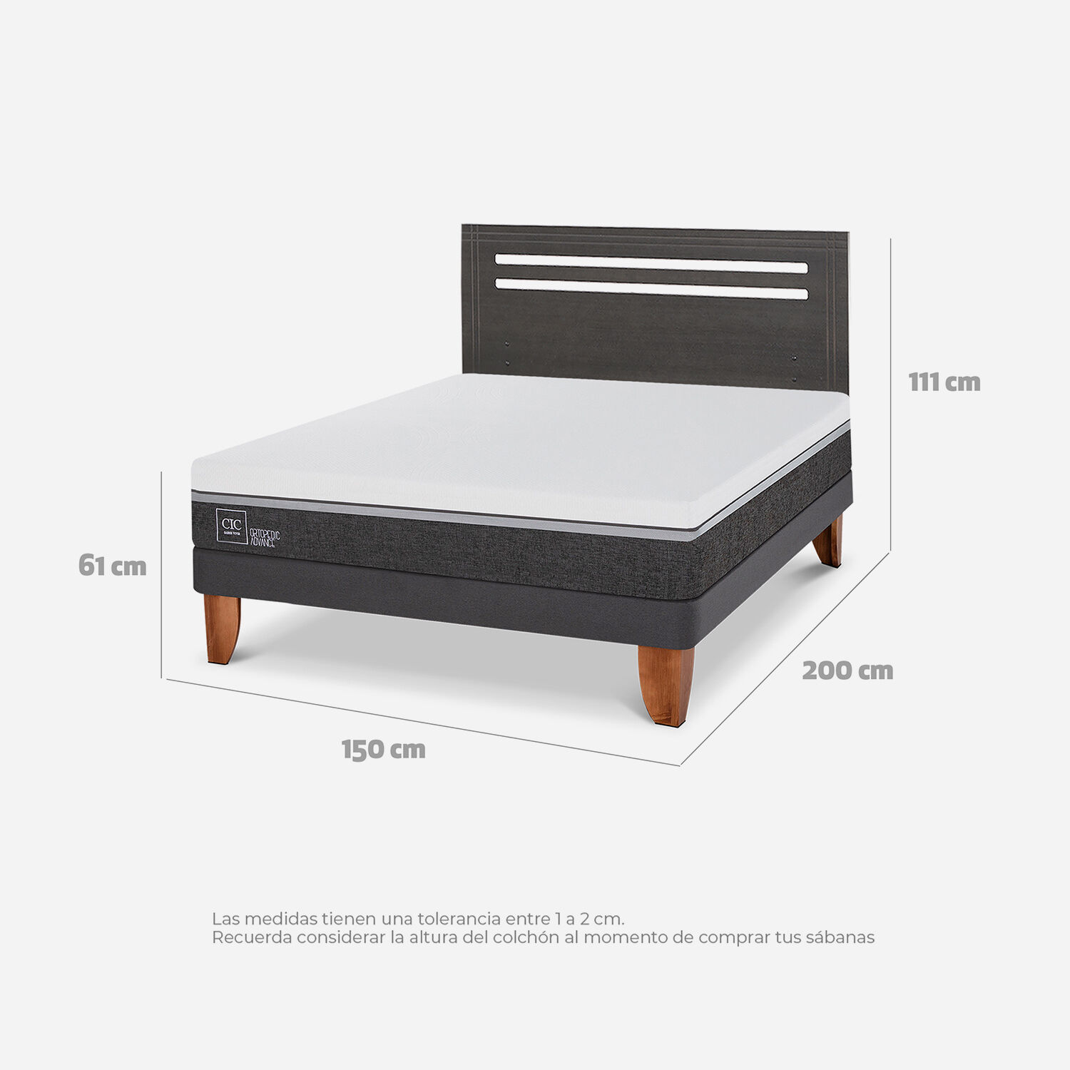 Cama Europea 2 Plazas Ortopedic Advance Base Normal + RespaldoMúnich Gris
