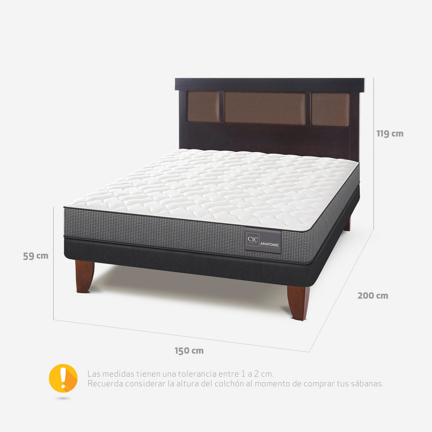Cama Europea 2 Plazas Base Normal Anatomic + Respaldo Dublín Chocolate
