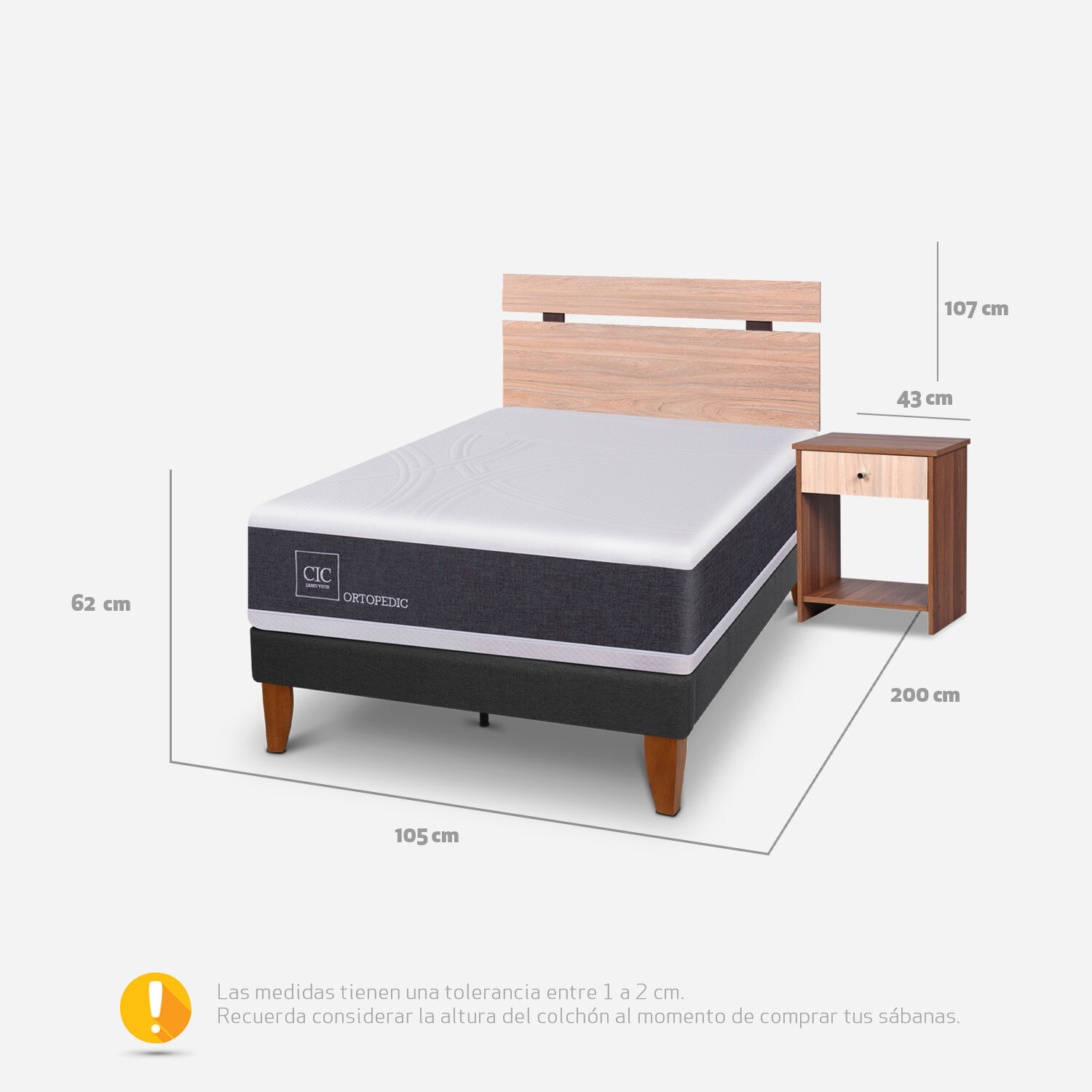 Cama Europea Curve 1.5 Plazas Ortopedic + Set Olmo
