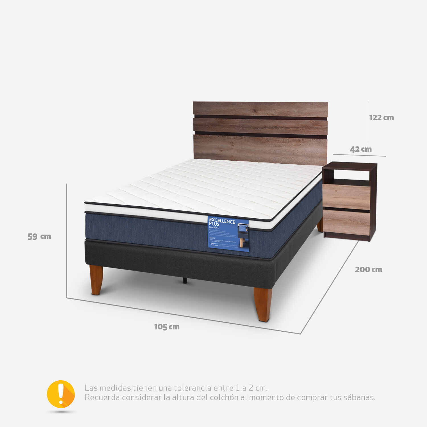 Cama Europea Curve 1,5 Plazas Excellence Plus + Set Ares