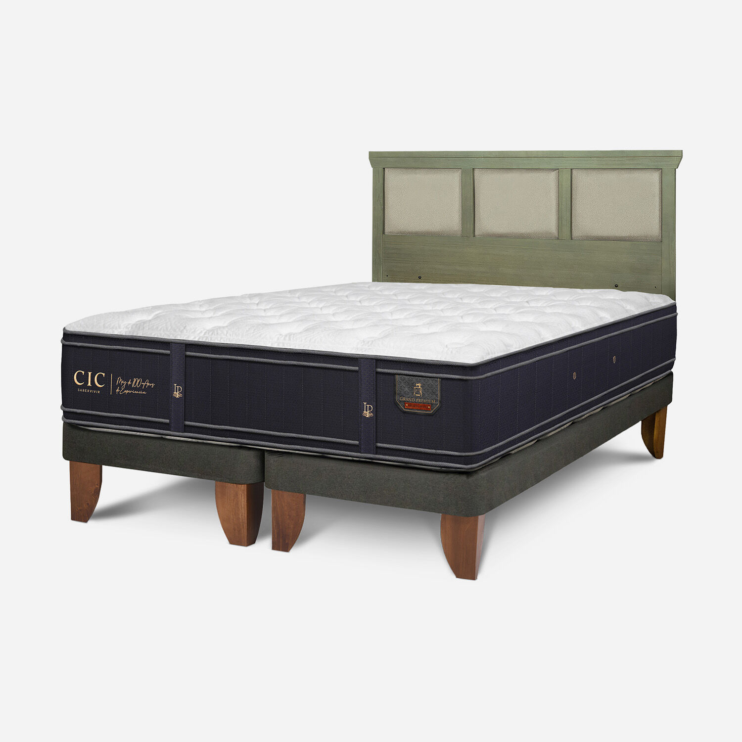 Cama Europea King Grand Premium + Respaldo Torino Olivo