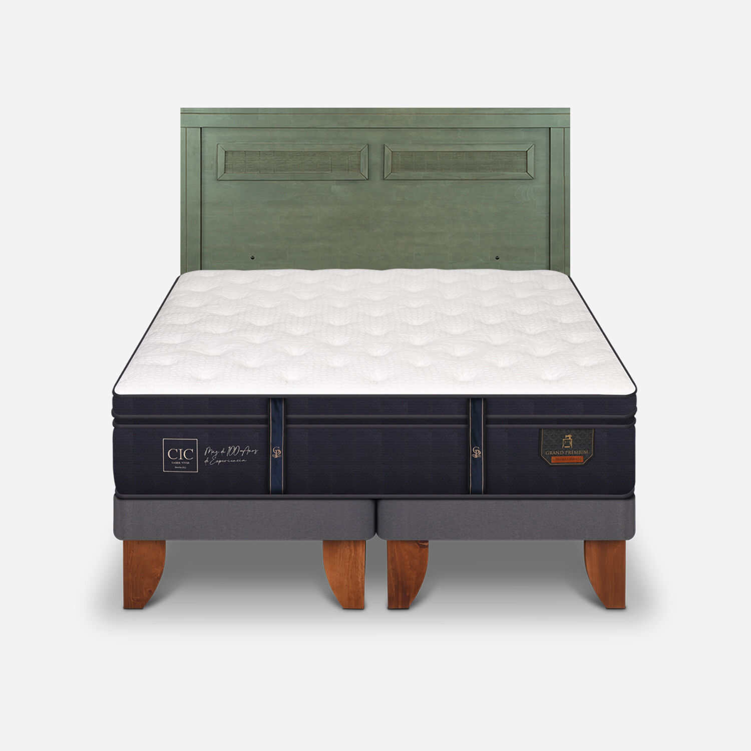 Cama Europea 2 Plazas Grand Premium Base Dividida + Respaldo Milán Olivo
