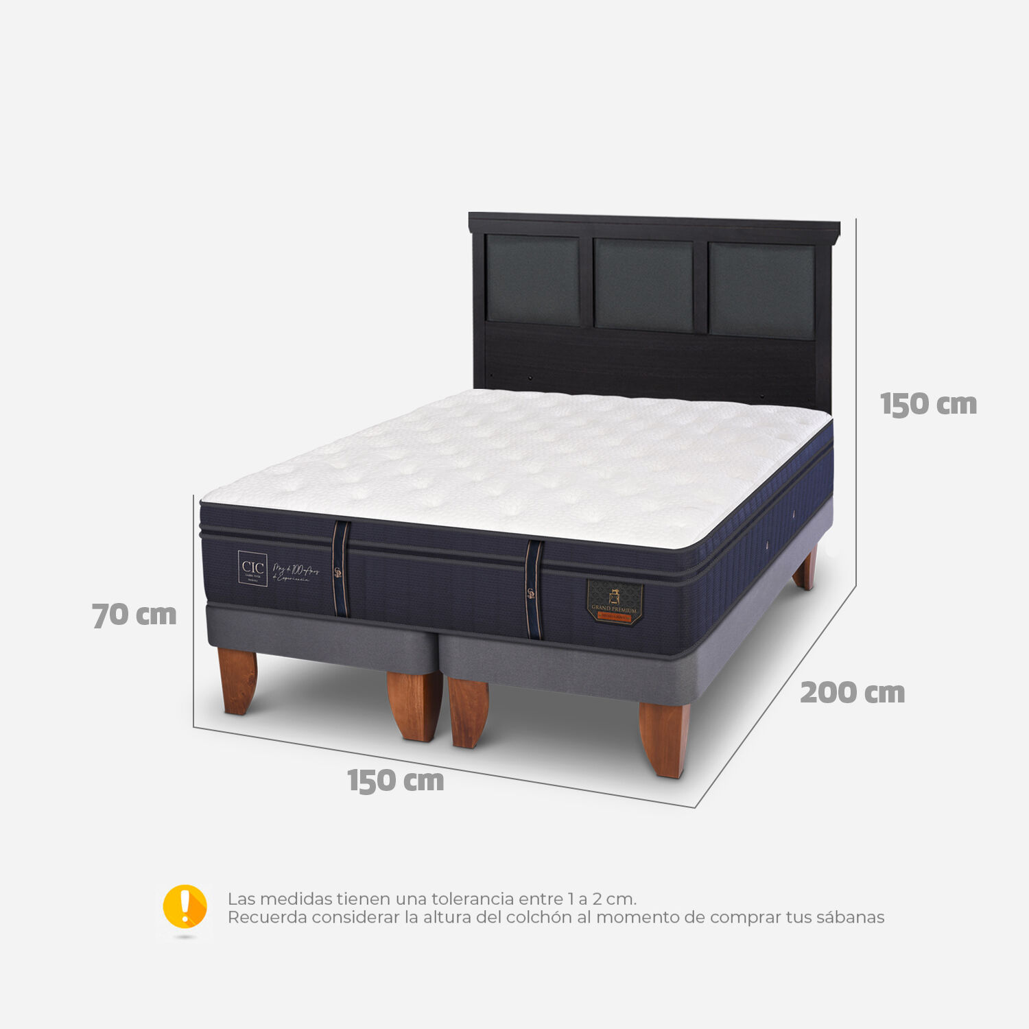 Cama Europea 2 Plazas Grand Premium Base Dividida + Respaldo Torino Negro