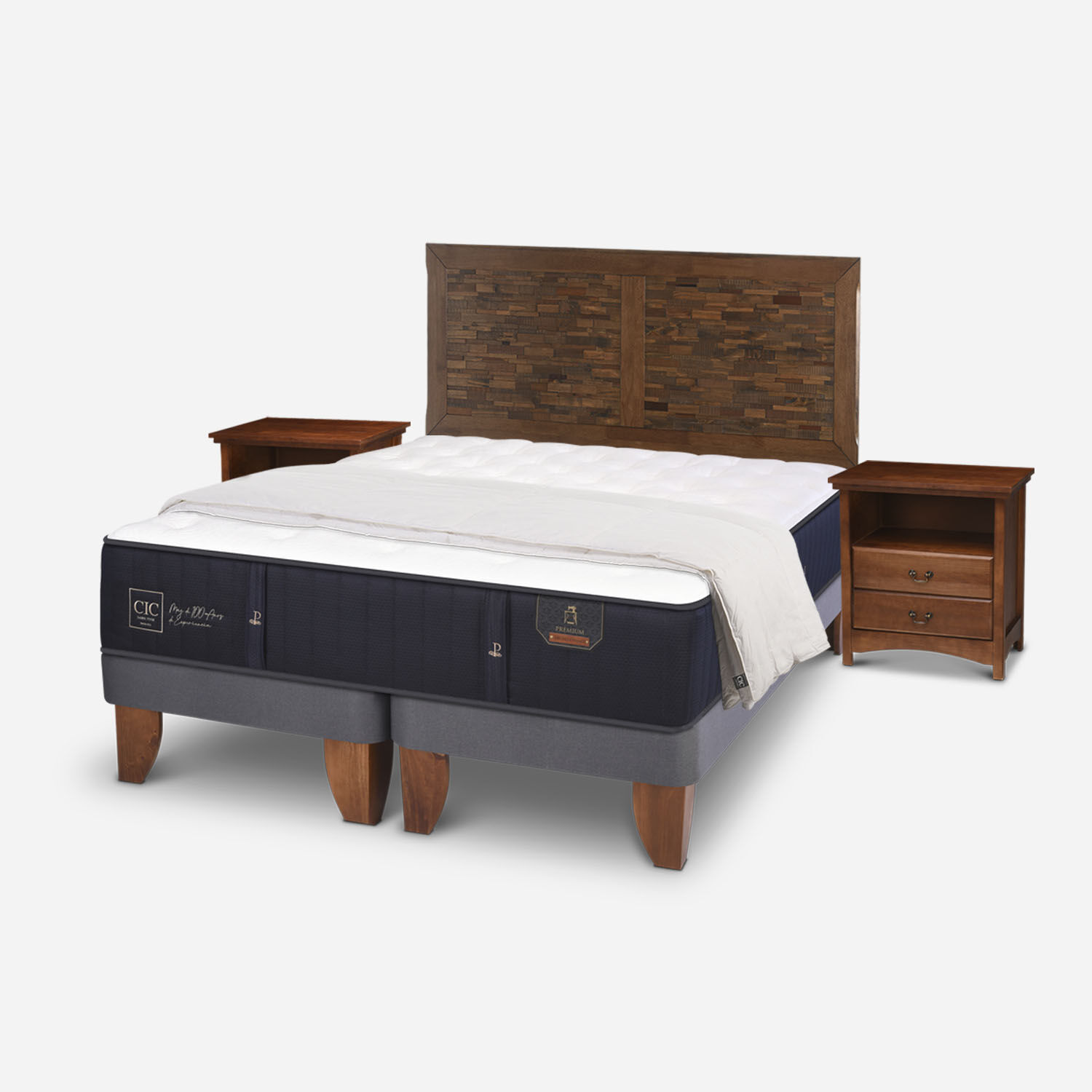 Cama Europea 2 Plazas Base Dividida Premium + Set Antique + Plumón 15% Pluma de Ganso