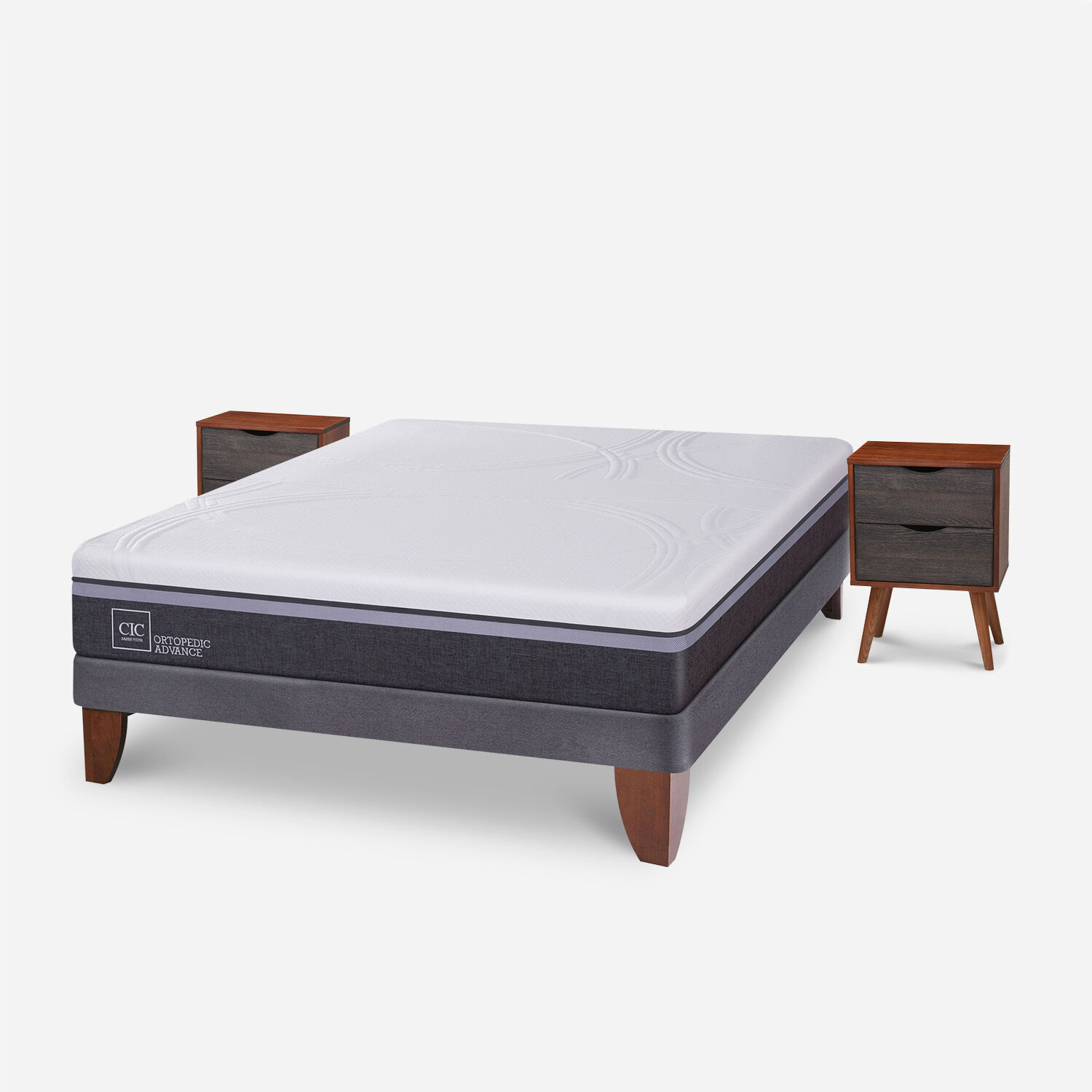 Cama Europea 2 Plazas Base Normal Ortopedic Advance + Veladores Níger