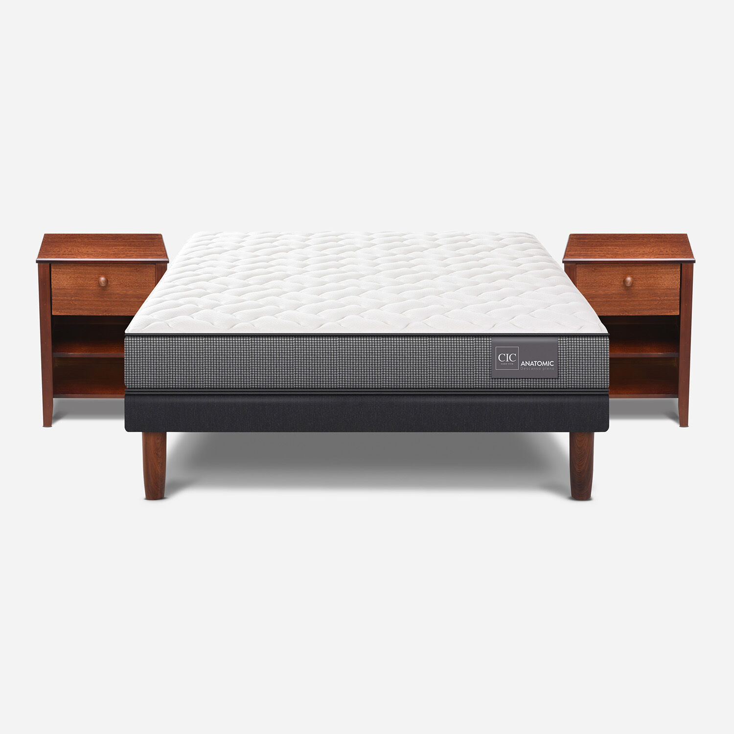 Cama Europea 2 Plazas Base Normal Anatomic + Veladores Torino Caramel