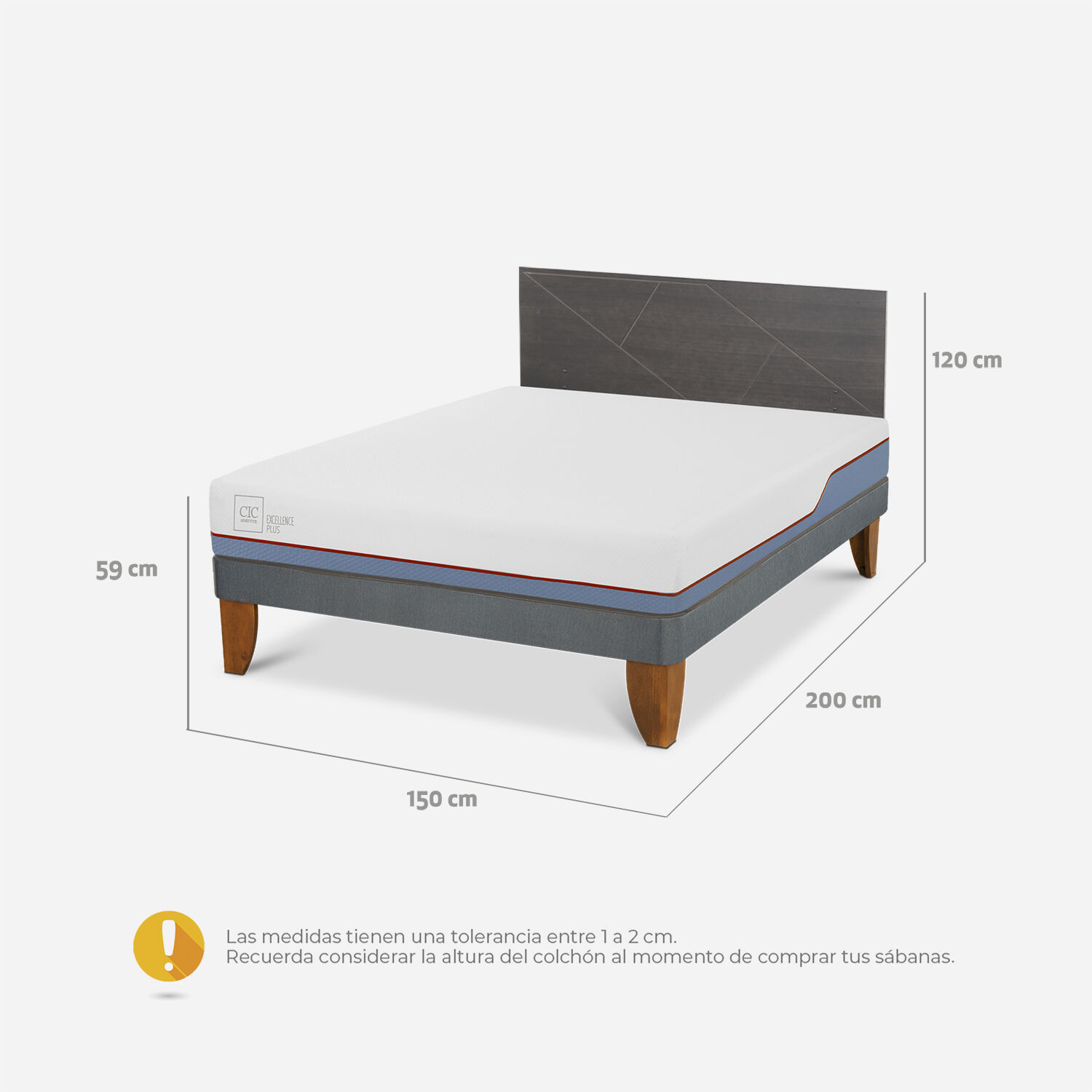 Cama Europea 2 Plazas Excellence Base Normal + Respaldo Villarrica Gris