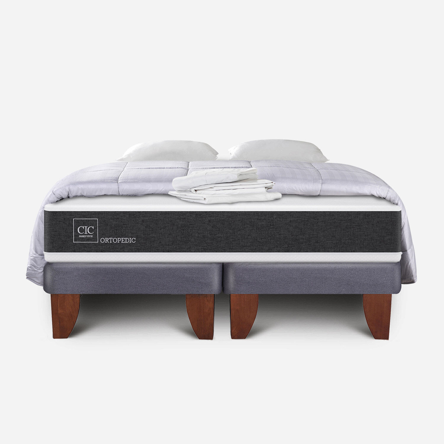 Cama Europea 2 Plazas Ortopedic Base Dividida + Almohadas + Plum&oacute;n