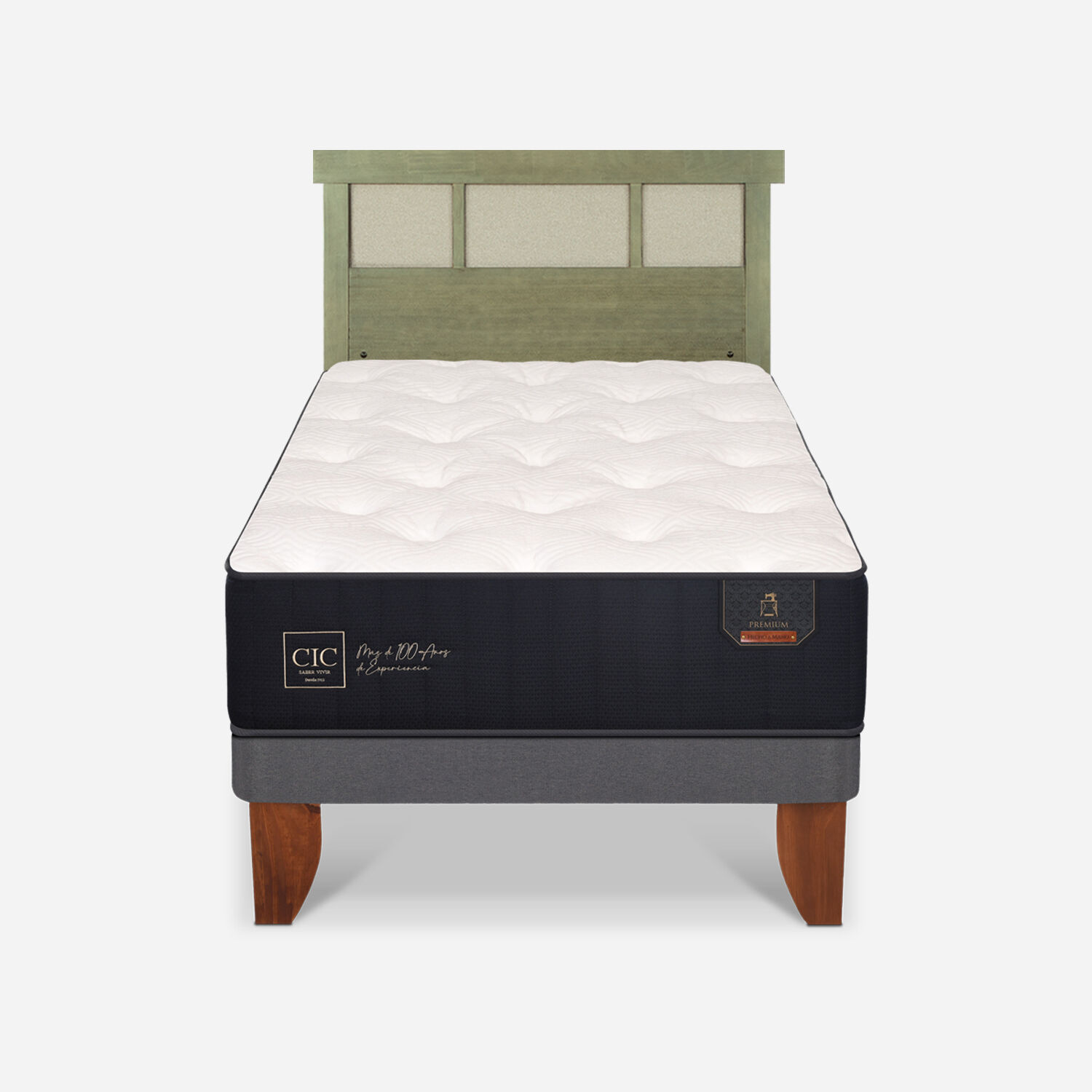 Cama Europea 1,5 Plazas Premium + Respaldo Dubl&iacute;n Olivo