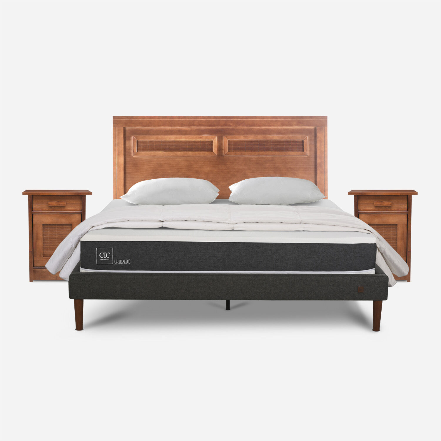 Cama Europea Curve 2 Plazas Ortopedic + Set Mil&aacute;n Caramel + Almohadas + Plum&oacute;n