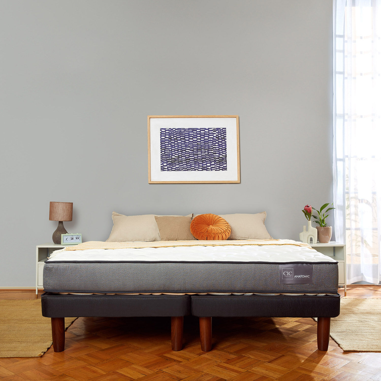 Cama Europea 2 Plazas Anatomic Base Dividida + Respaldo Gales Gris