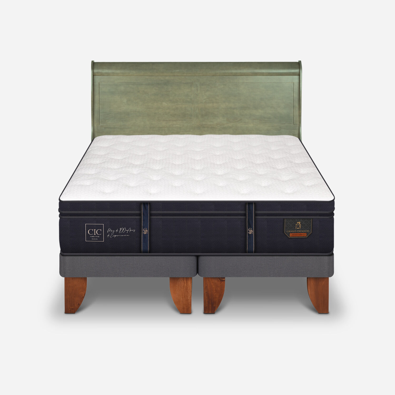 Cama Europea 2 Plazas Grand Premium Base Dividida + Respaldo Miró Olivo