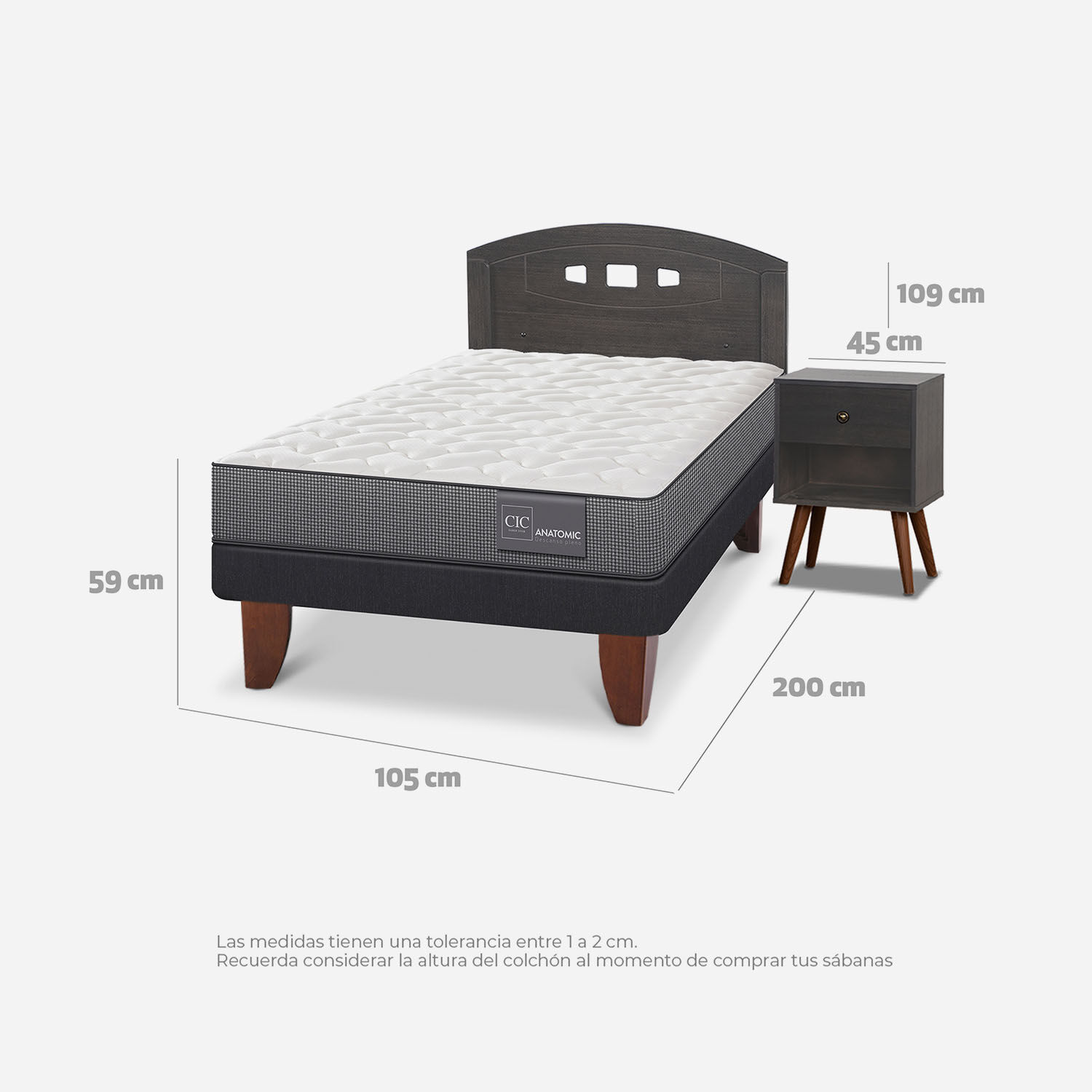 Cama Europea 1,5 Plazas Anatomic + Set Gales Gris