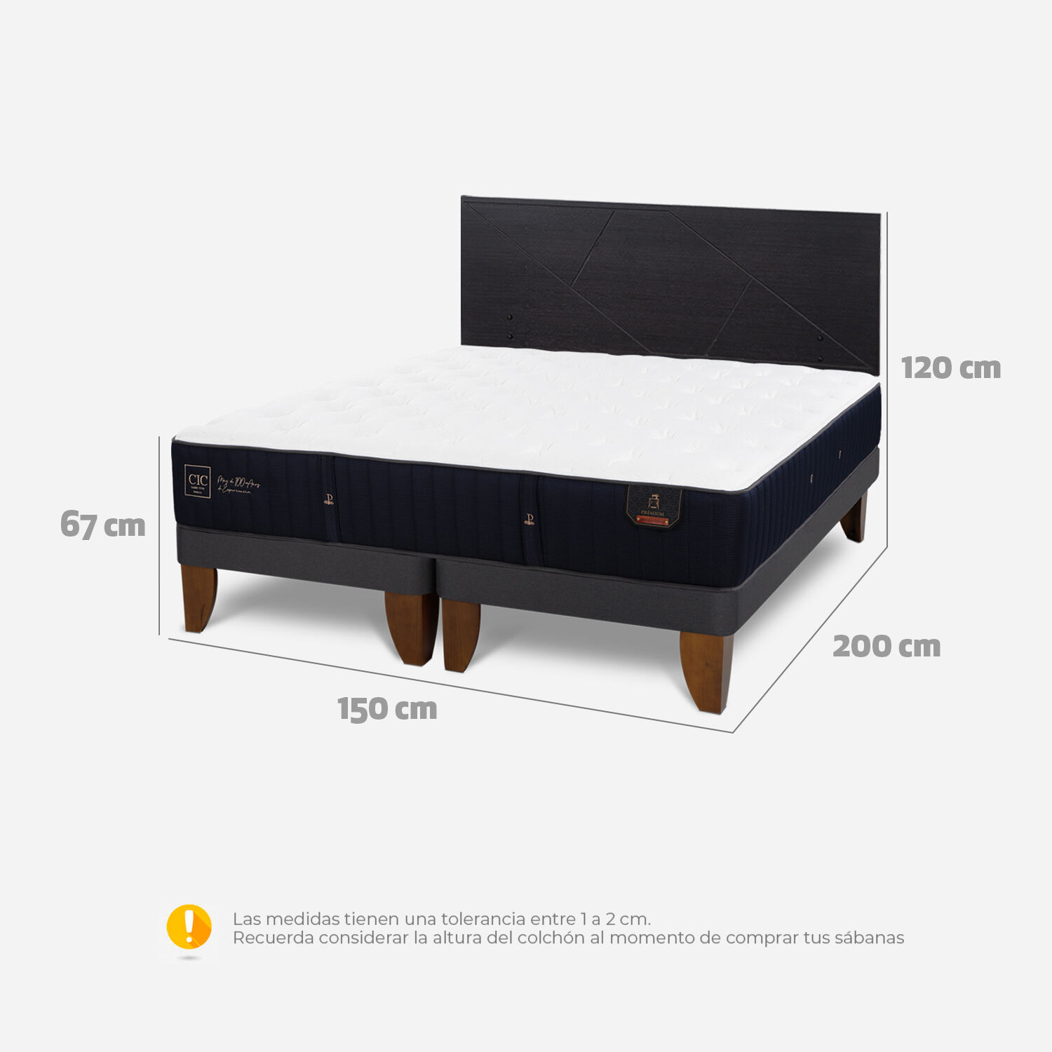 Cama Europea 2 Plazas Premium Base Dividida + Respaldo Villarrica Negro
