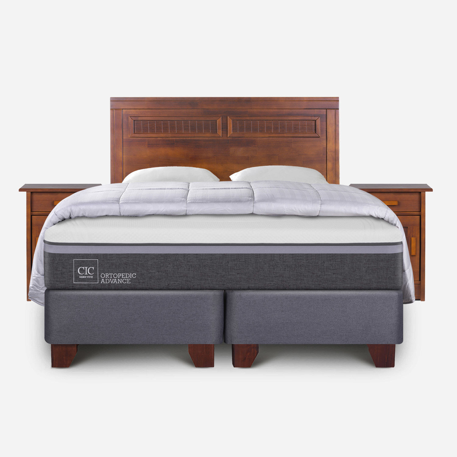 Box Spring 2 Plazas Ortopedic Advance Base Dividida + Set Mil&aacute;n Caramel + Almohadas + Plum&oacute;n Plumas
