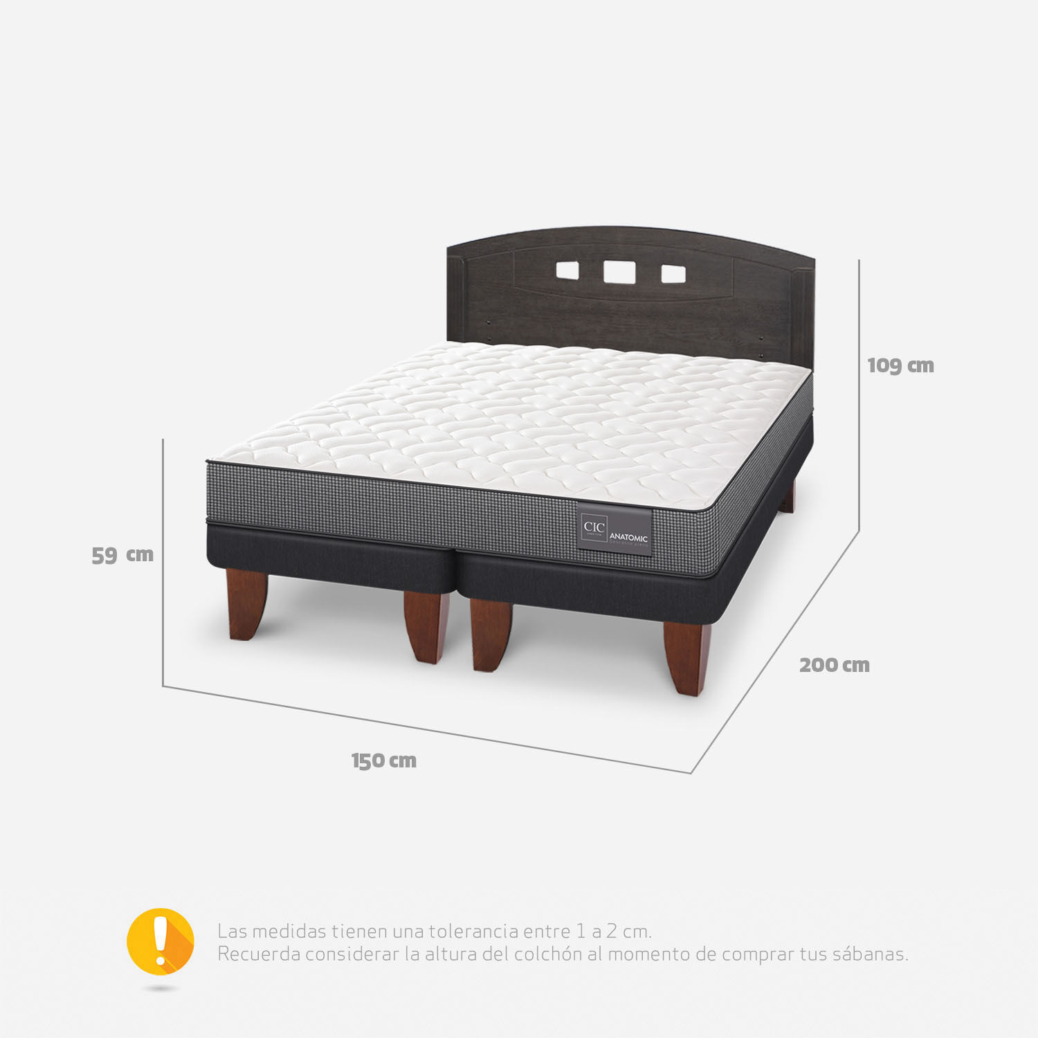 Cama Europea 2 Plazas Anatomic Base Dividida + Respaldo Gales Gris