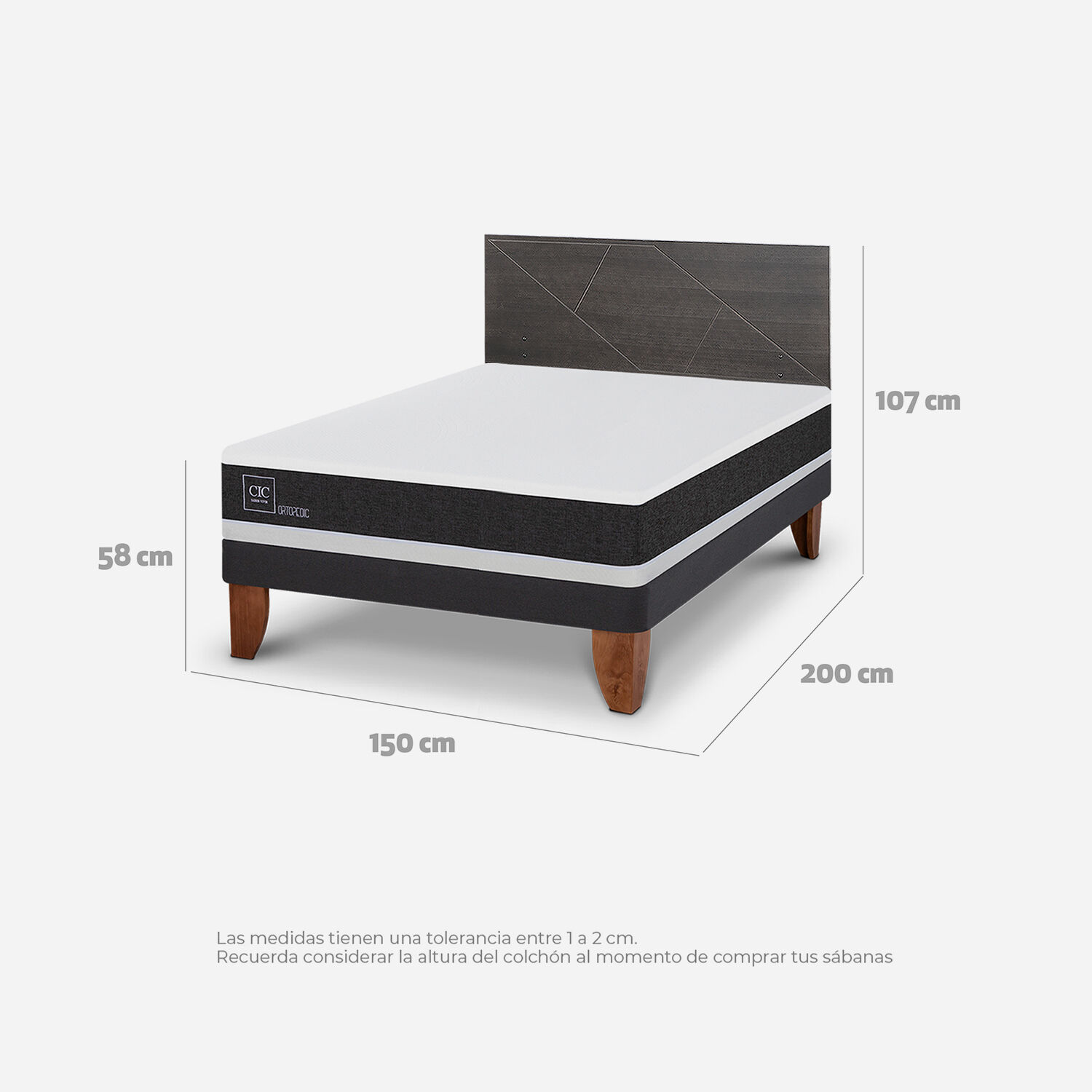 Cama Europea 2 Plazas Ortopedic Base Normal + Respaldo Villarrica Gris