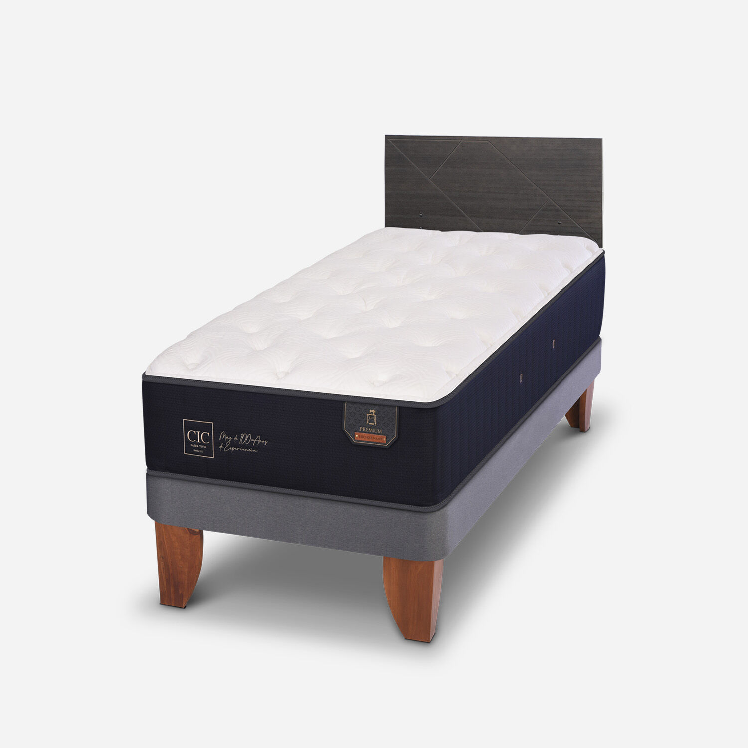 Cama Europea 1,5 Plazas Premium + Respaldo Villarrica Gris