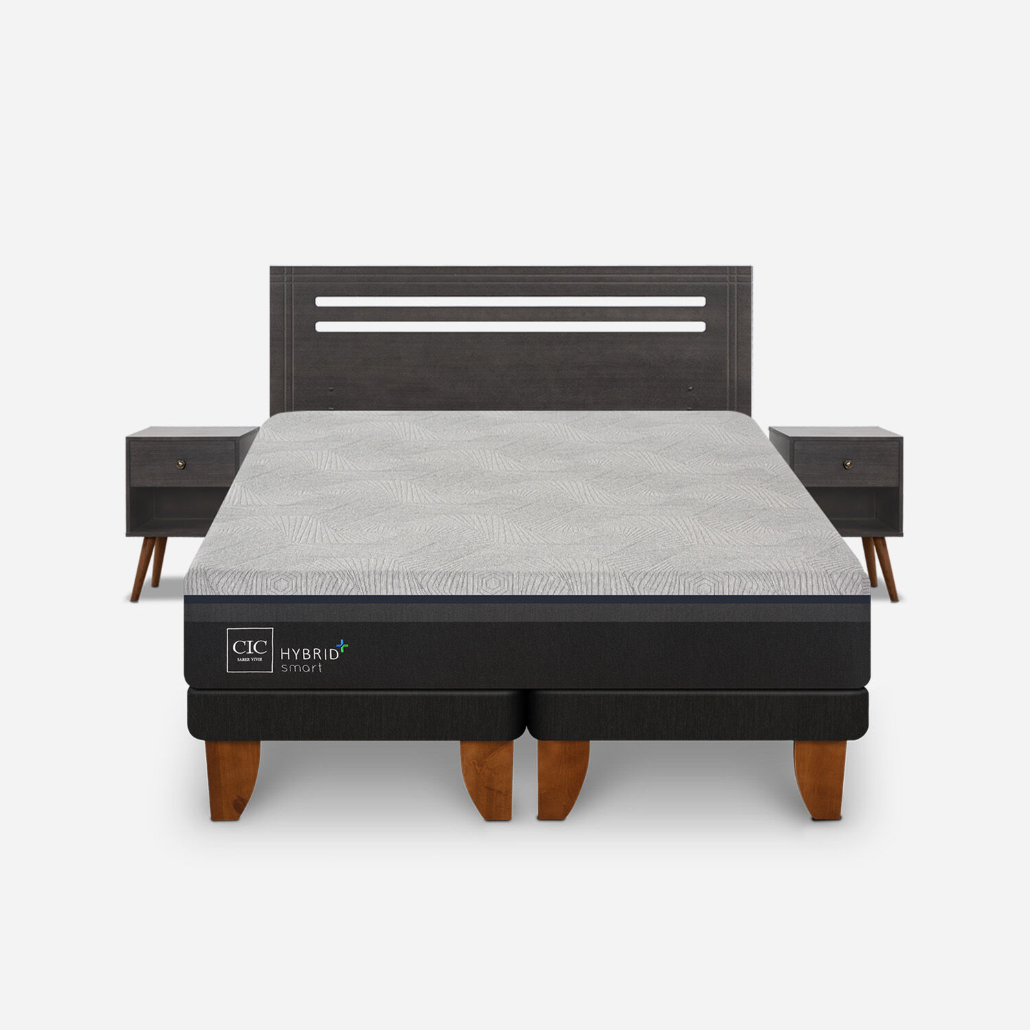 Cama Europea 2 Plazas Hybrid Plus Smart Base Dividida + Set Munich Gris