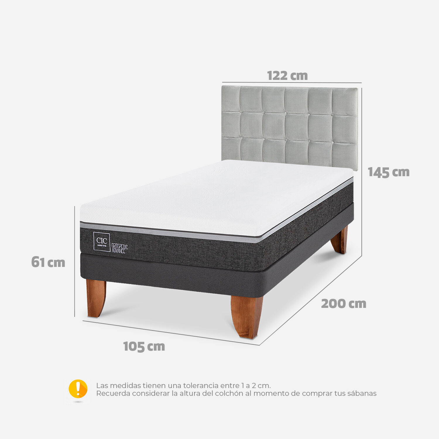 Cama Europea 1,5 Plazas Ortopedic Advance + Respaldo Sile