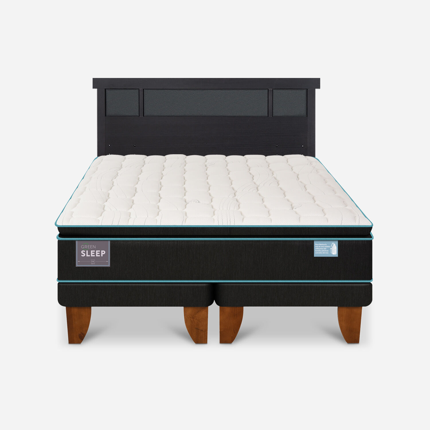Cama Europea 2 Plazas Green Sleep Base Dividida + Respaldo Dublín Negro
