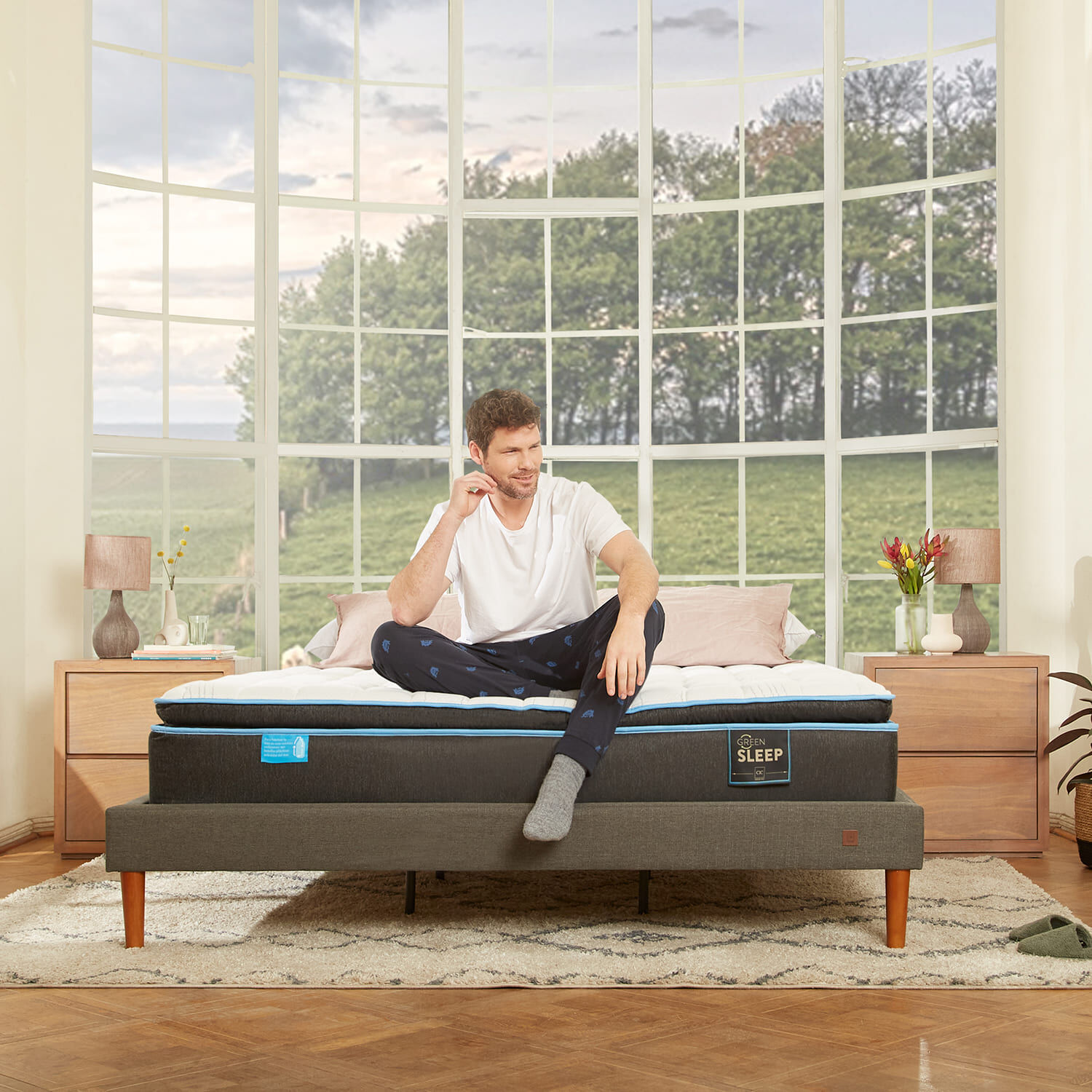 Cama Europea Curve 2 Plazas Smart Green + Set Torino Caramel