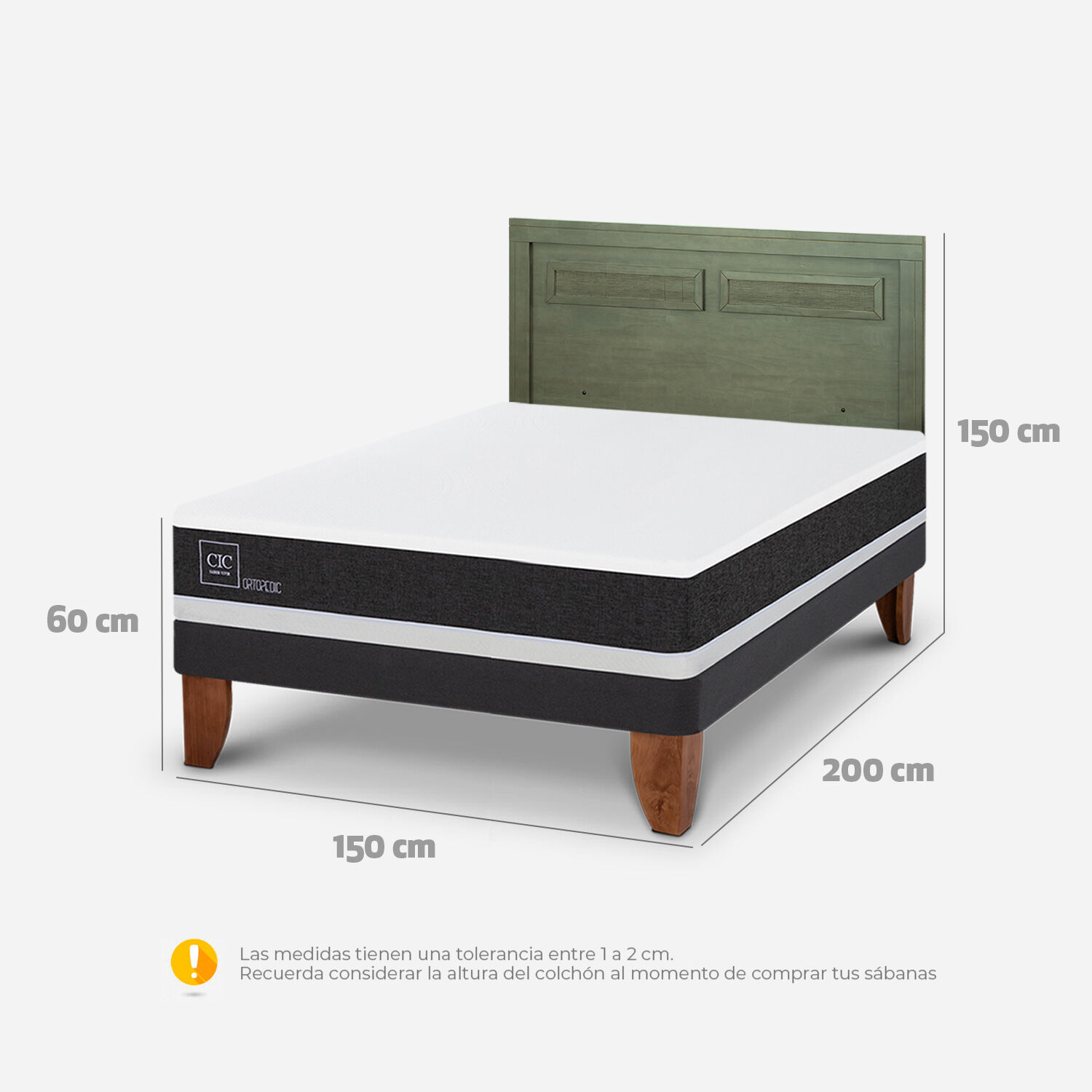 Cama Europea 2 Plazas Ortopedic Base Normal + Respaldo Milán Olivo