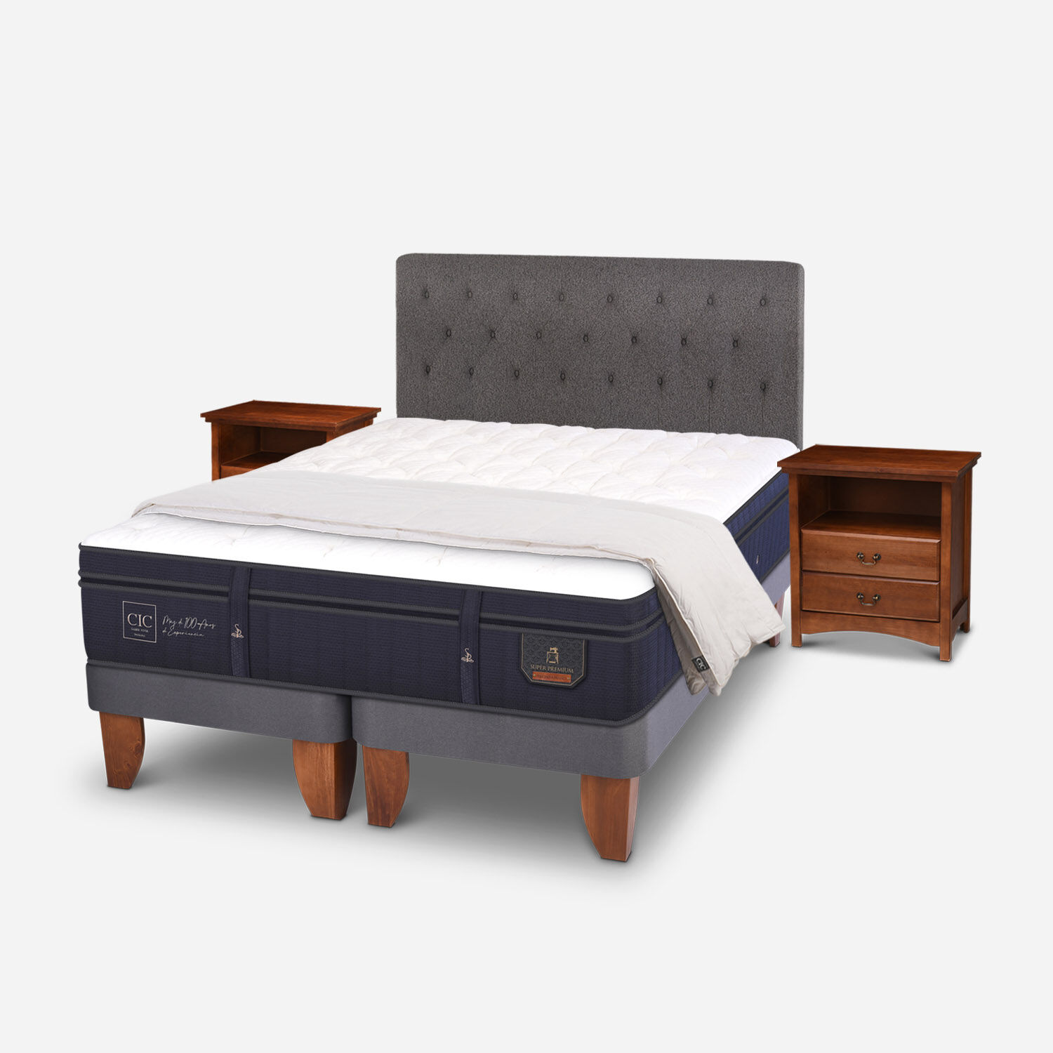Cama Europea King Super Premium + Set Kaveri + Plum&oacute;n 15% Pluma de Ganso