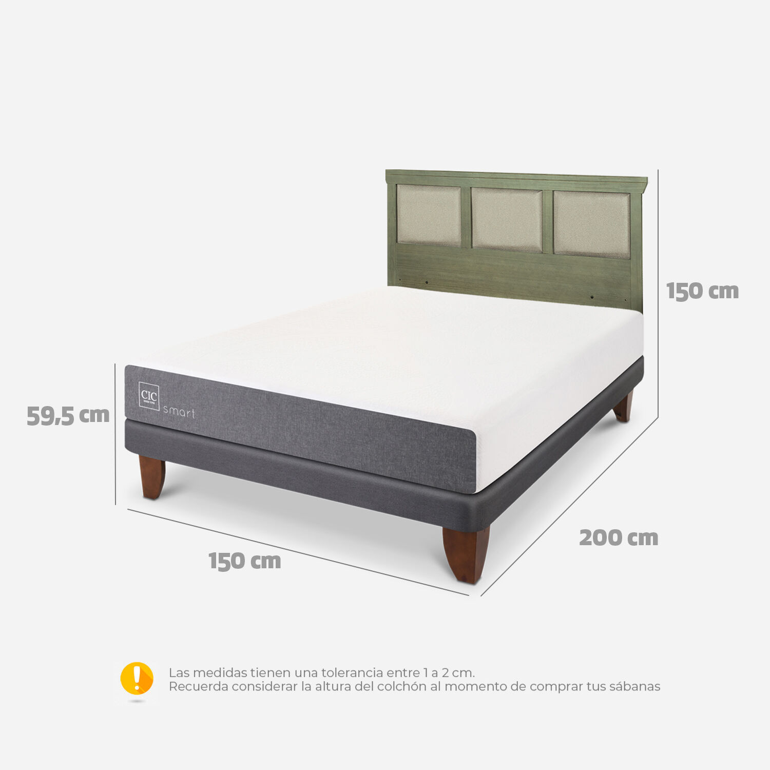 Cama Europea 2 Plazas Smart Base Normal + Respaldo Torino Olivo