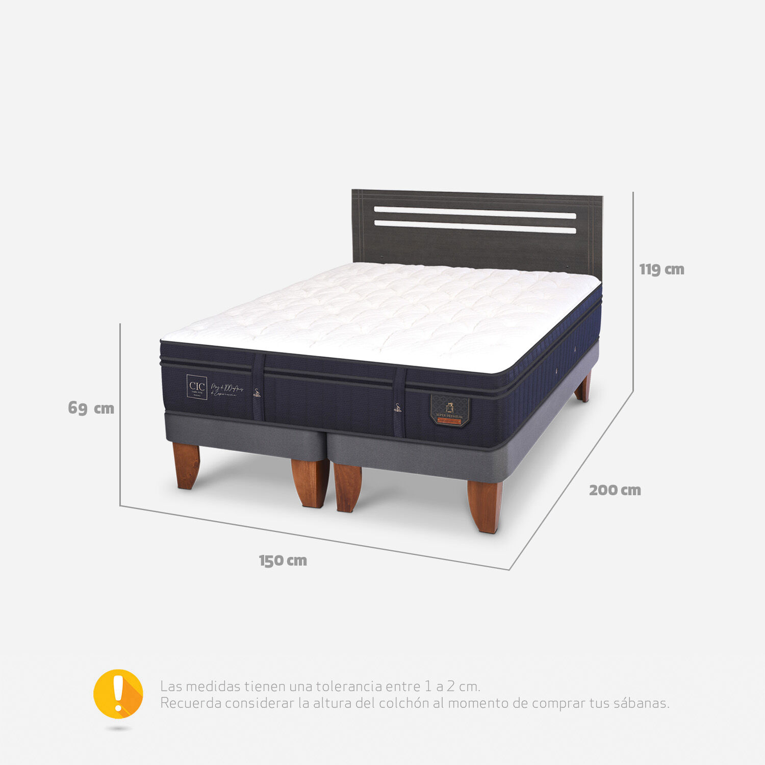 Cama Europea 2 Plazas Super Premium Base Dividida + Respaldo Múnich Gris